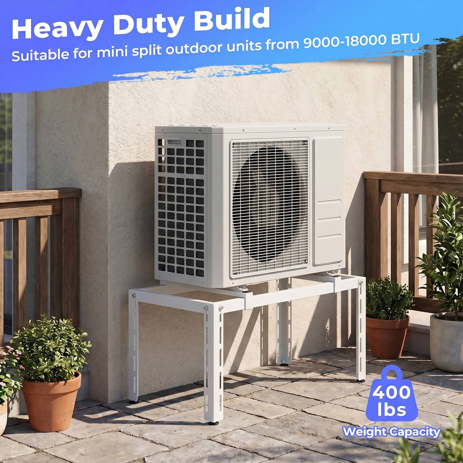 Heavy Duty Build  
Suitable for mini split outdoor units from 9000-18000 BTU  
400 lbs Weight Capacity