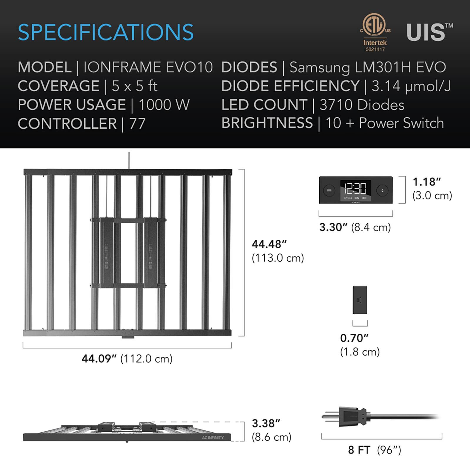 SPECIFICATIONS  
MODEL | IONFRAME EVO10  
COVERAGE | 5 x 5 ft  
POWER USAGE | 1000 W  
CONTROLLER | 77  
DIODES | Samsung LM301H EVO  
DIODE EFFICIENCY | 3.14 µmol/J  
LED COUNT | 3710 Diodes  
BRIGHTNESS | 10 + Power Switch  

1.18" (3.0 cm)  
44.48" (113.0 cm)  
3.30" (8.4 cm)  
44.09" (112.0 cm)  
0.70" (1.8 cm)  
3.38" (8.6 cm)  
8 FT (96")