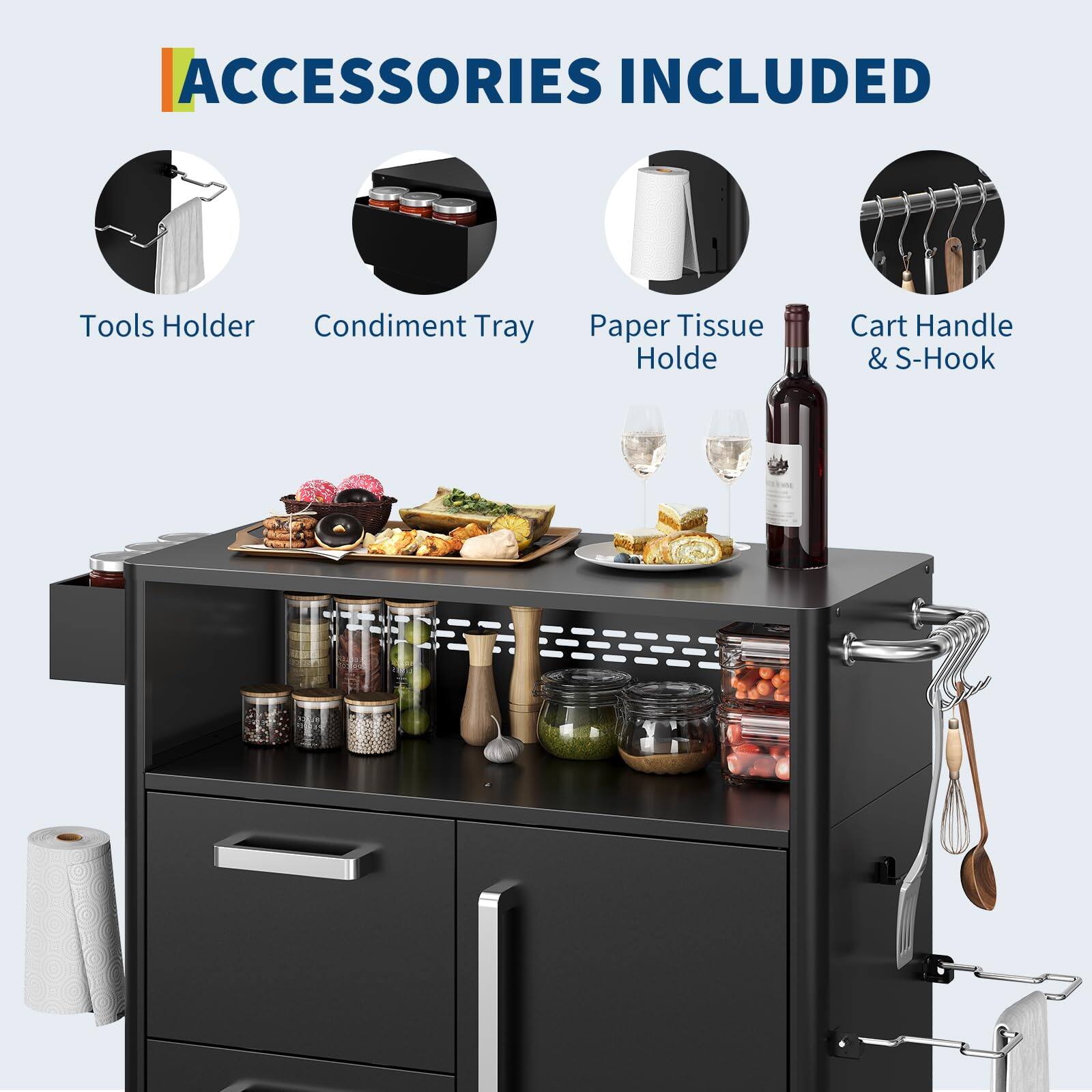 ACCESSORIES INCLUDED

- Tools Holder
- Condiment Tray
- Paper Tissue Holder
- Cart Handle & S-Hook