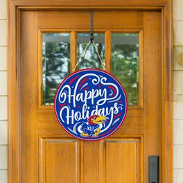 Evergreen Enterprises - Kansas Jayhawks 18" Happy Holidays Wooden Round Door Sign - Multicolor