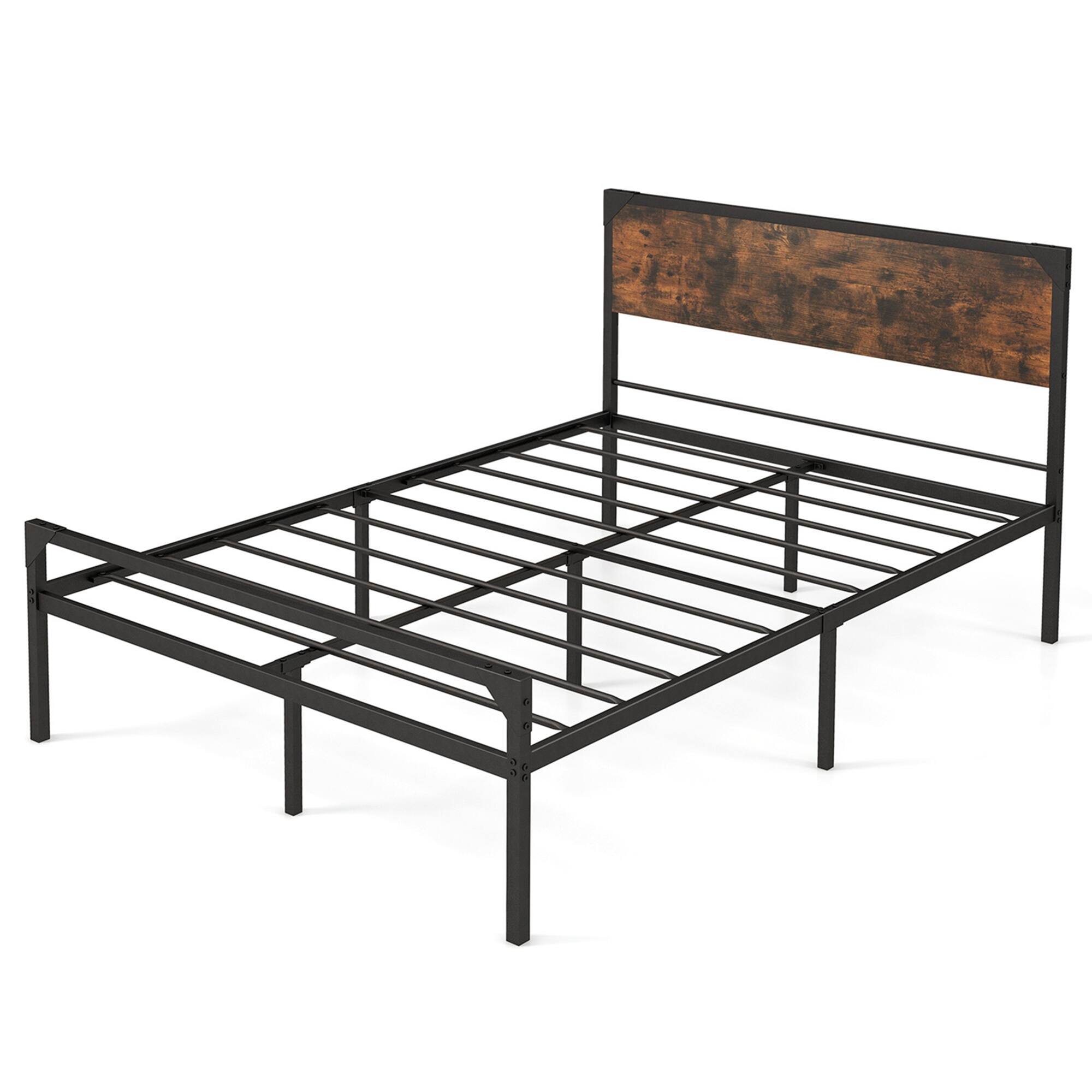 Costway - Platform Full Bed with Rustic Headboard & Footboard Strong Metal Slat Support - Rustic Brown,Black