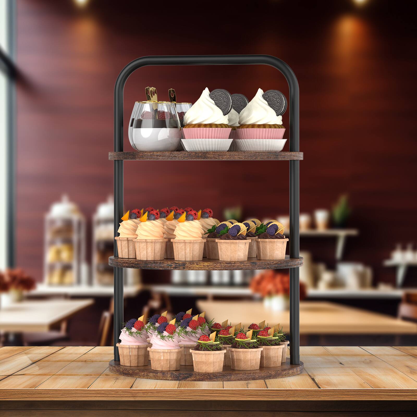 Angle. Oumilen - 3-Tier Round Cupcake Display Stand, Rustic Wood Metal Dessert Serving Tray - Brown.