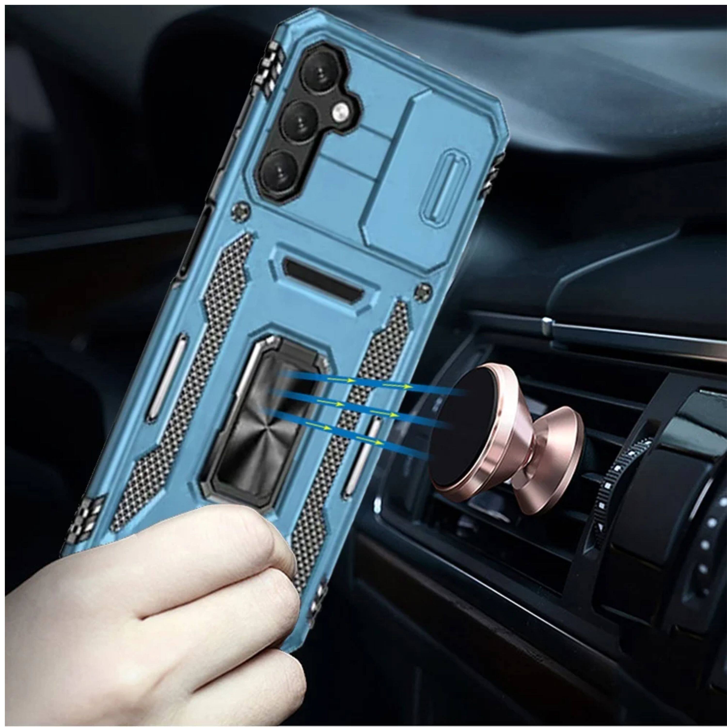 Angle. Kitcheniva - Slide Lens Cover Magnetic Ring Stand Case Plus Tempered Glass For Samsung A16 Light Blue - Light Blue.