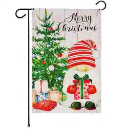 G128 - Merry Christmas Garden Flag, Santa Gnome with Present, 12 x 18 in Blockout Polyester - Assorted Colors
