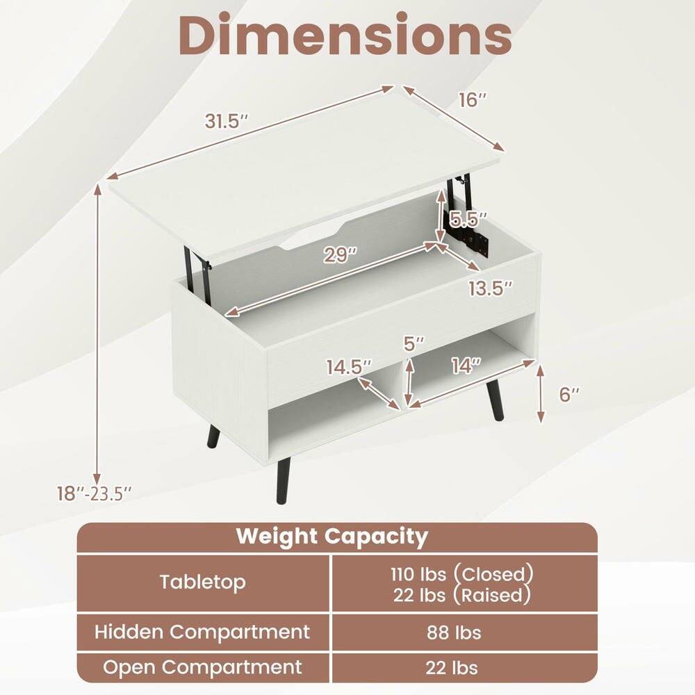 Dimensions:  
- 31.5"  
- 16"  
- 5.5"  
- 29"  
- 13.5"  
- 14.5"  
- 5"  
- 14"  
- 6"  
- 18"-23.5"  

Weight Capacity:  
- Tabletop: 110 lbs (Closed), 22 lbs (Raised)  
- Hidden Compartment: 88 lbs  
- Open Compartment: 22 lbs