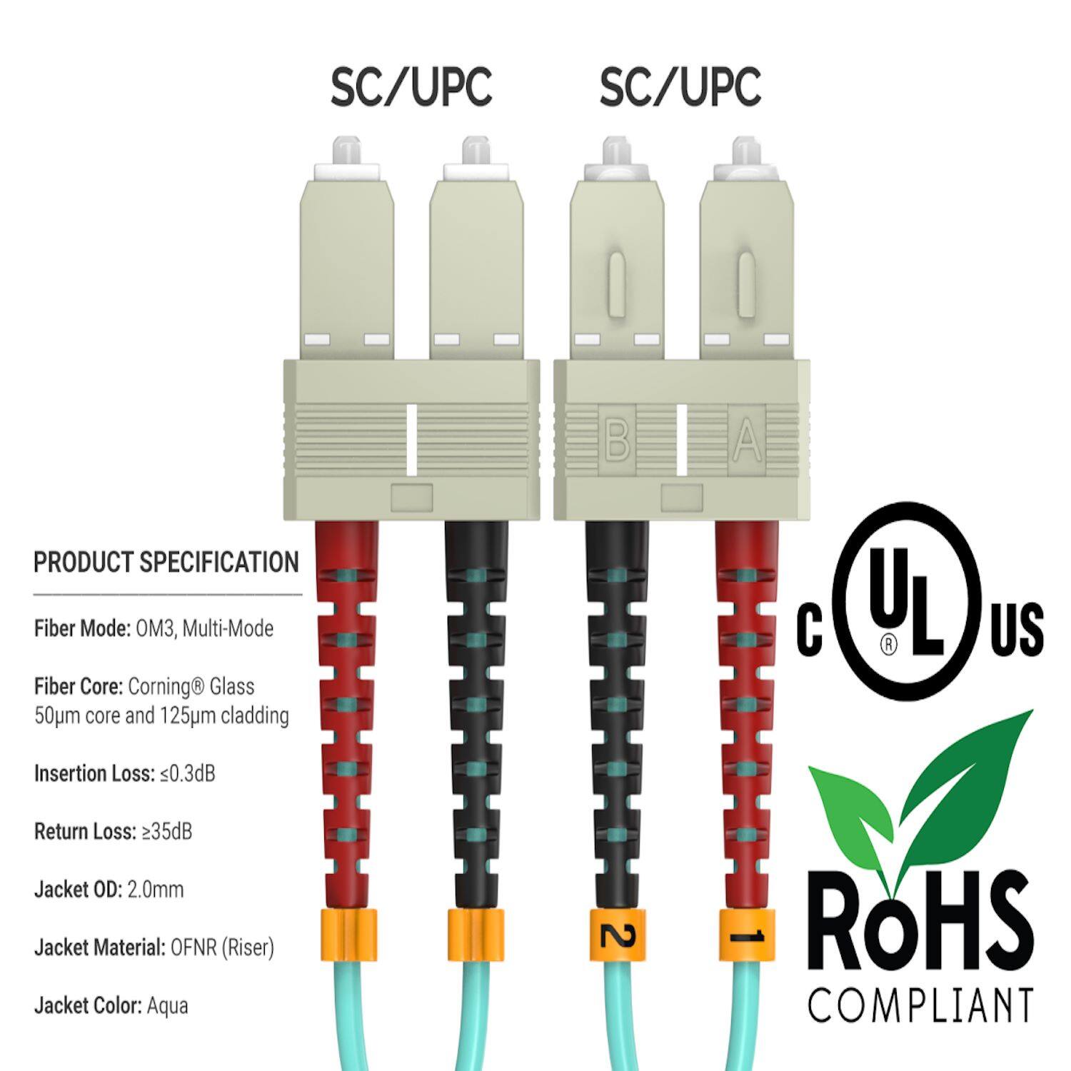SC/UPC  
SC/UPC  
B  
A  

PRODUCT SPECIFICATION  
Fiber Mode: OM3, Multi-Mode  
Fiber Core: Corning® Glass 50µm core and 125µm cladding  
Insertion Loss: ≤0.3dB  
Return Loss: ≥35dB  
Jacket OD: 2.0mm  
Jacket Material: OFNR (Riser)  
Jacket Color: Aqua  

UL  
US  
RoHS COMPLIANT