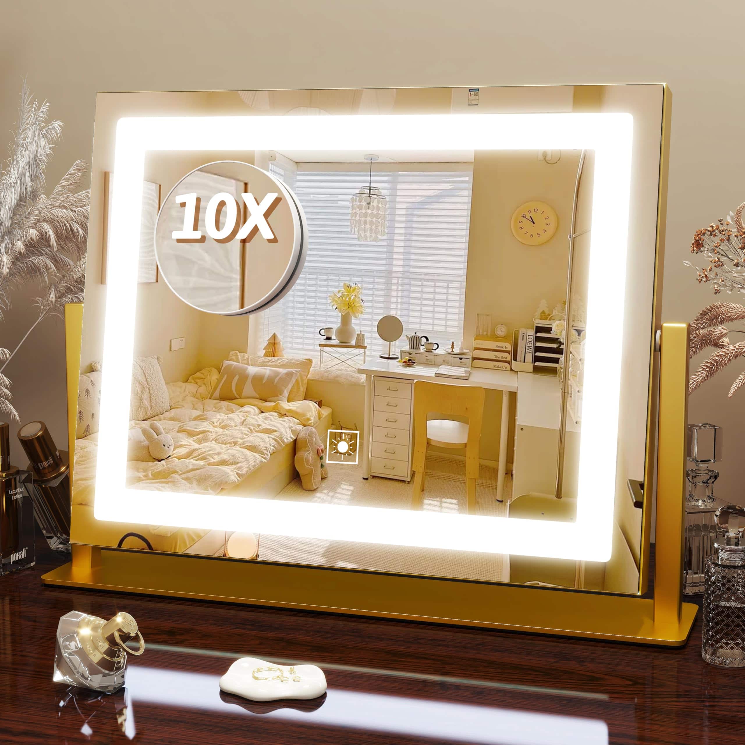 Skar Audio - Vanity With Lights 15 x12 6 Led Lighted Makeup Large Touch Screen 3 color Lighting Dimmable For Desk Tablet - Gold 12"L x 16"W