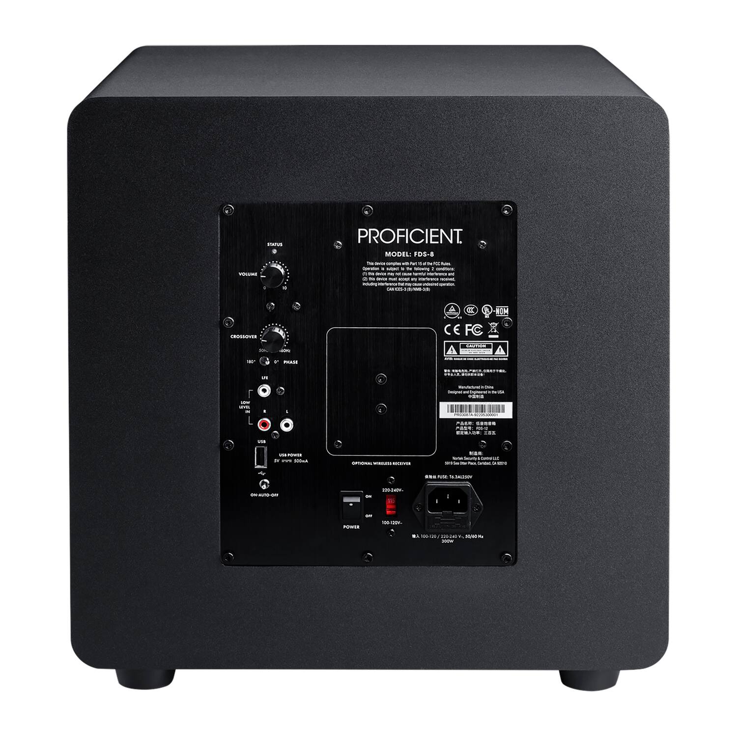 PROFICIENT  
MODEL FDS-8  

STATUS  
VOLUME  
CROSSOVER  
VOLUME  
PHASE  
LFE  
VOLUME  
LFE  
VOLUME  
USB POWER  
USB POWER  
POWER  

CE FC  
HSSRVE 5  
CE FC NOM - ATE - F  
adidas  
nohig - FOE 199 B 100.129 T