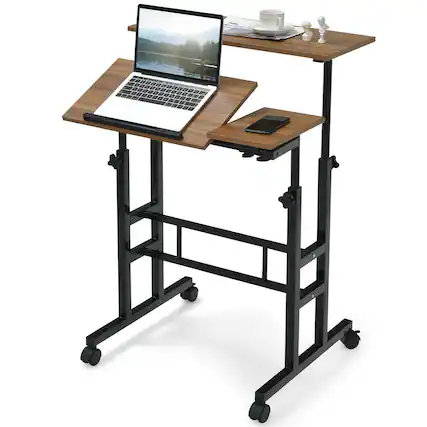 Front. Gymax - Gymax Mobile Stand up Desk Adjustable Computer Desk Tilting Workstation Walnut - Walnut.