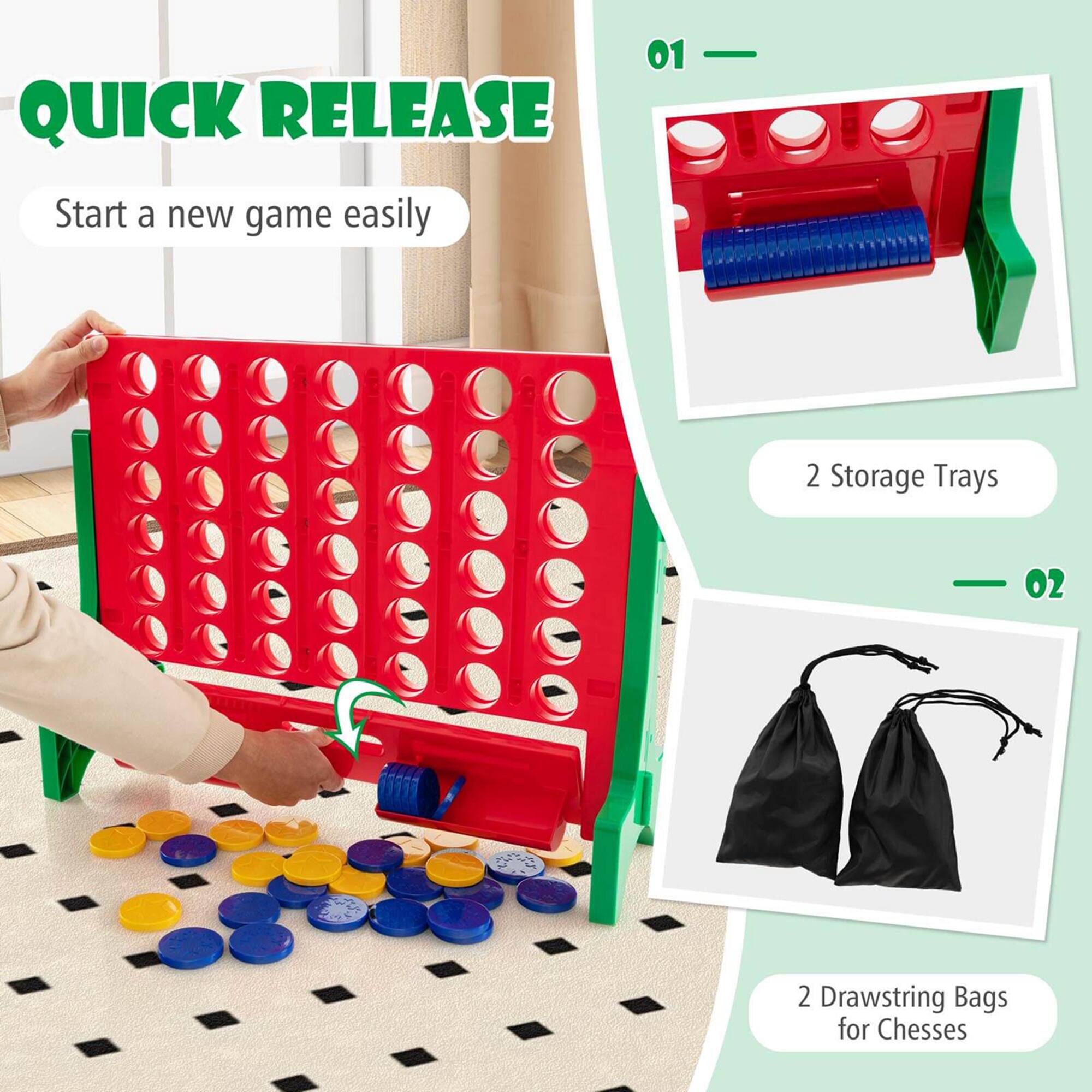 01 QUICK RELEASE Start a new game easily 2 Storage Trays 02 2 Drawstring Bags for Chesses