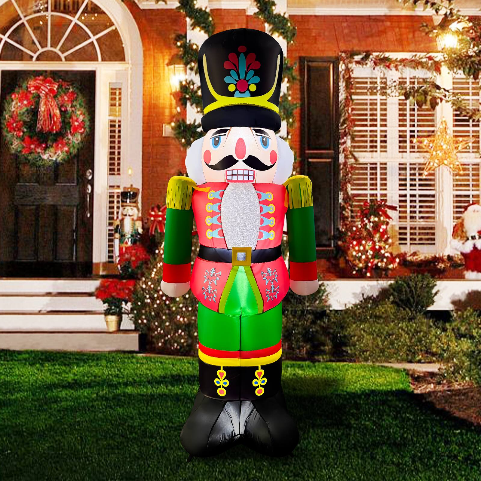 Left. GOOSH Inflatables - GOOSH 7FT Christmas Nutcracker Inflatable with LED Lights for Outdoor Yard Décor - Red and Green.