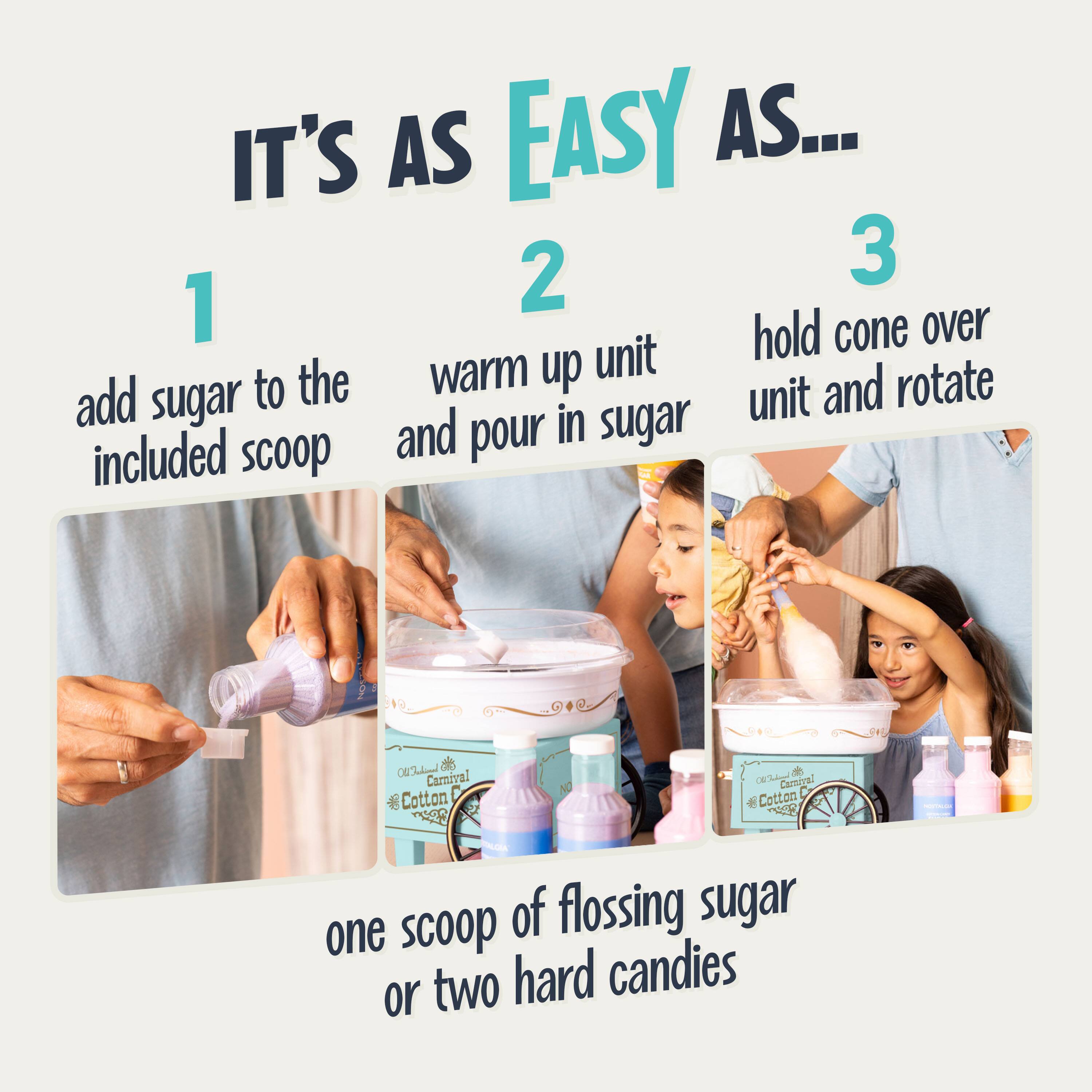 IT'S AS EASY AS...

1. add sugar to the included scoop
2. warm up unit and pour in sugar
3. hold cone over unit and rotate

one scoop of flossing sugar or two hard candies