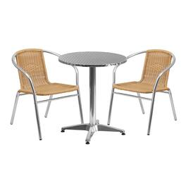 Emma + Oliver - 23.5" Round Aluminum Garden Patio Table Set with 2 Rattan Chairs - Beige