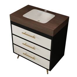 Loheer - 29.9 inch freestanding bathroom vanity with ceramic vessel sink sintered stone top - White and Walnut