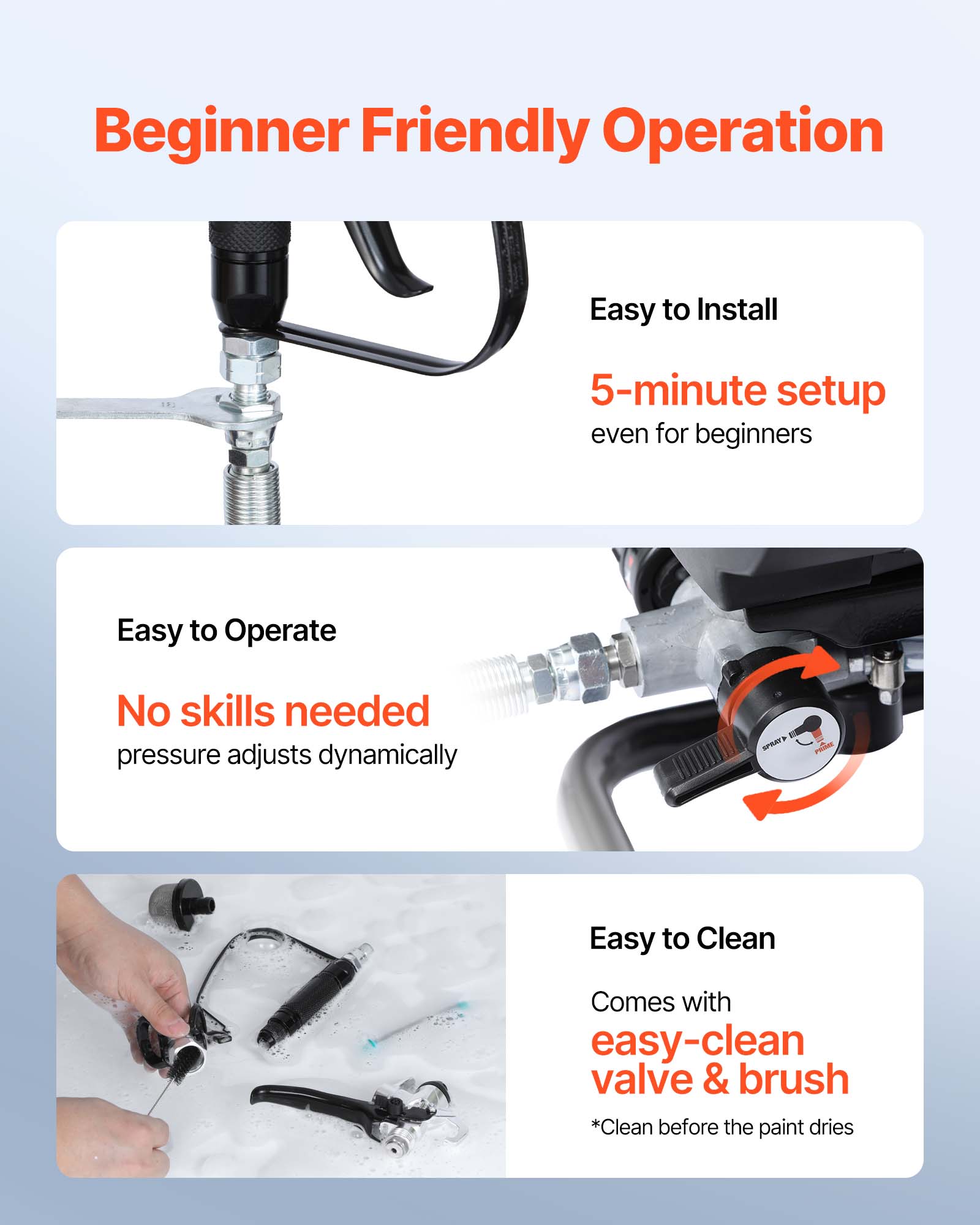 Beginner Friendly Operation

Easy to Install
5-minute setup even for beginners

Easy to Operate
No skills needed pressure adjusts dynamically

Easy to Clean
Comes with easy-clean valve & brush *Clean before the paint dries
