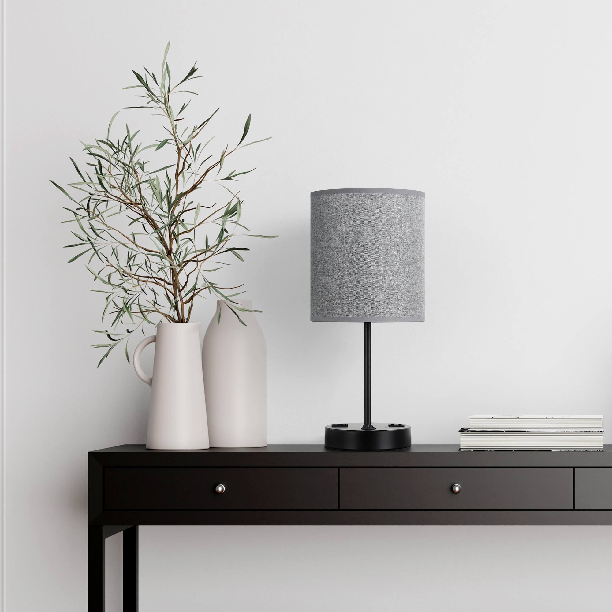 Alt View 1. Oumilen - Set of 2 Grey Fabric Shade Table Lamps with USB & AC Outlet – Modern Black Metal Desk Lamps.