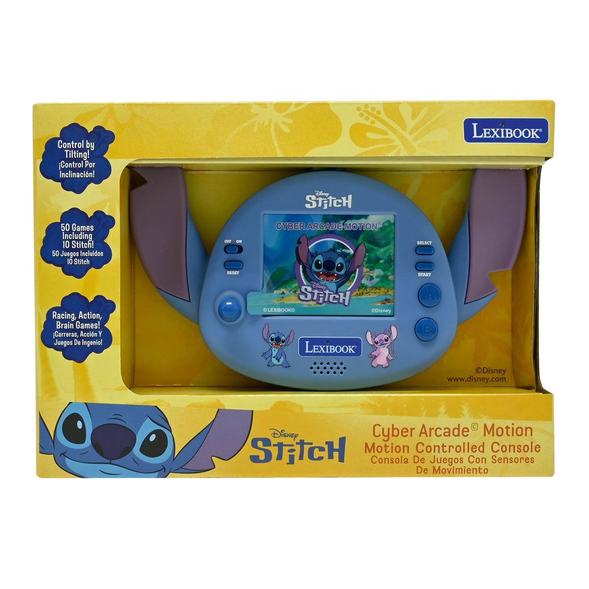 Control by Tilting!  
Control Por Inclinación!  

LEXIBOOK STITCH  
50 Games Including 10 Stitch!  
50 Juegos Incluidos 10 Stitch  

Racing, Action, Brain Games!  
¡Carreras, Acción Y Juegos De Ingenio!  

Cyber Arcade Motion  
Motion Controlled Console  
Consola De Juegos Con Sensores De Movimiento  

www.disney.com