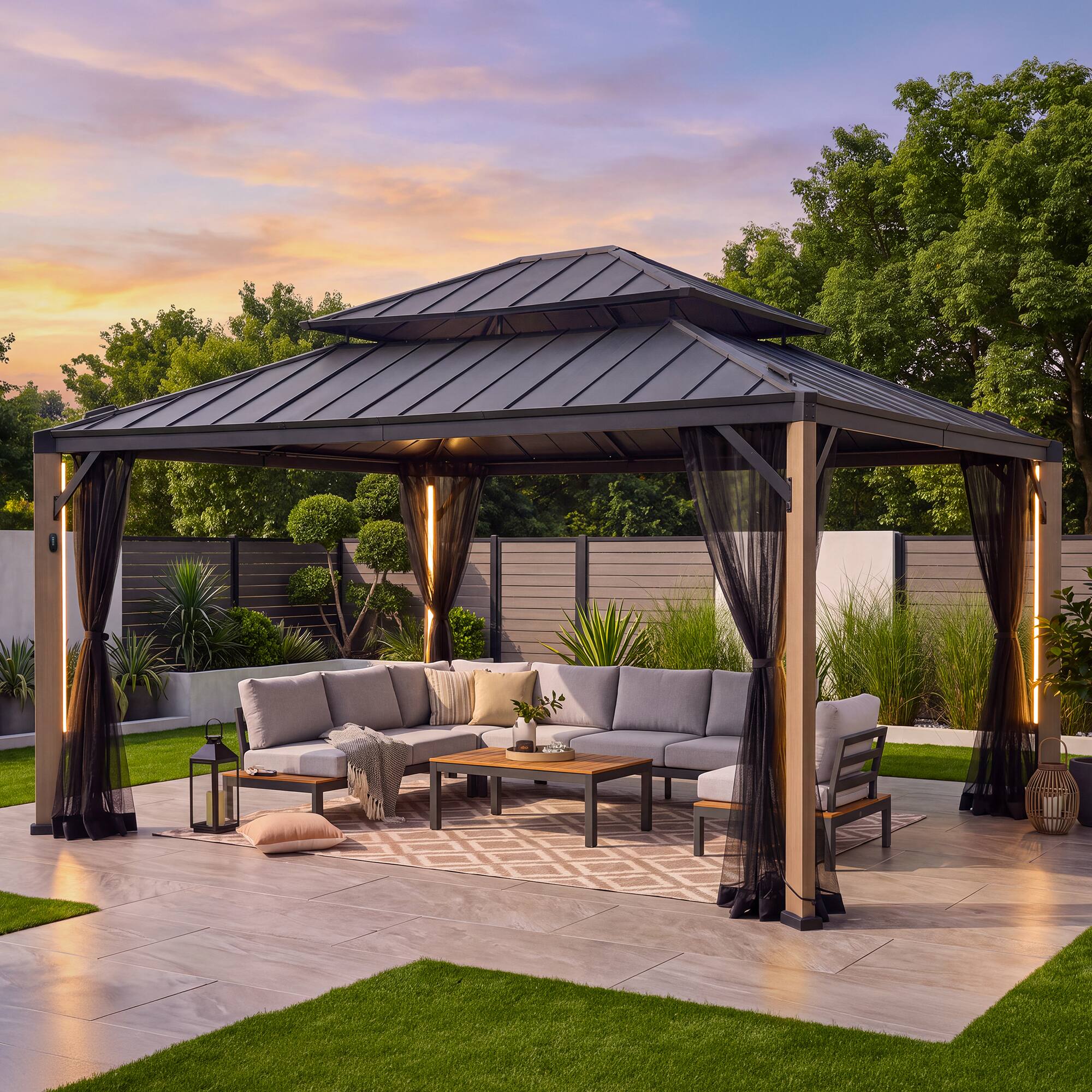 Front. SUNJOY - Sunjoy Stanwood 13 ft. x 15 ft. Cedar Framed Hard Top Gazebo with Solar Powered LED Lighting with Remote Control.