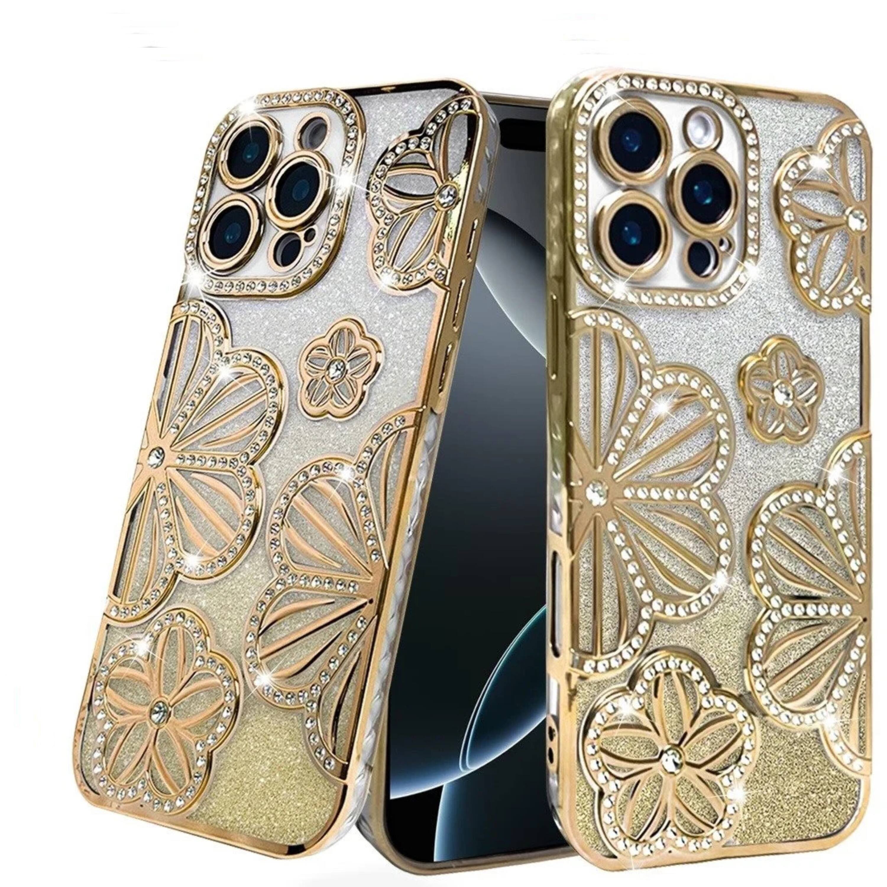 Front. Kitcheniva - Bling Floral 3D Glitter Case With Tempered Glass For iPhone 16 Pro Max Gold - Black.