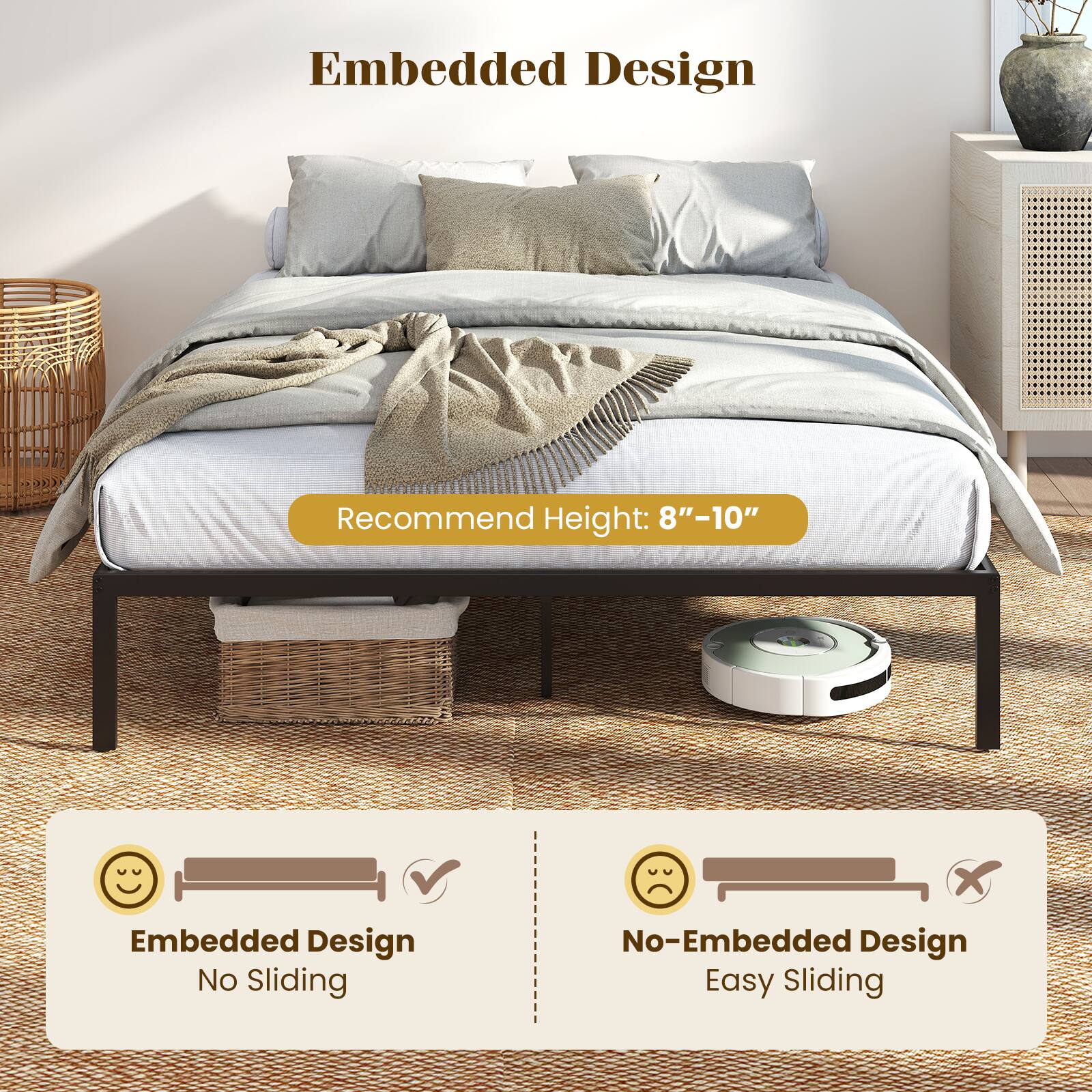 Embedded Design  
Recommend Height: 8"-10"  
Embedded Design No Sliding  
No-Embedded Design Easy Sliding