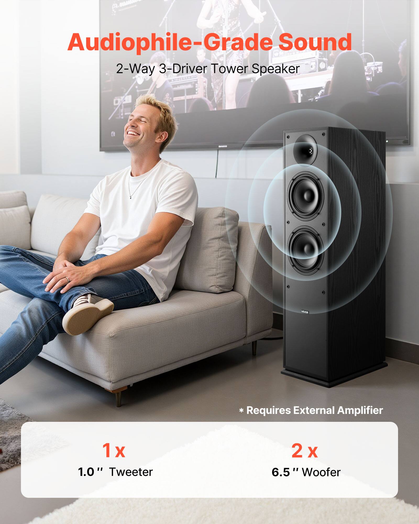 Audiophile-Grade Sound  
2-Way 3-Driver Tower Speaker  
* Requires External Amplifier  

1 x 1.0" Tweeter  
2 x 6.5" Woofer