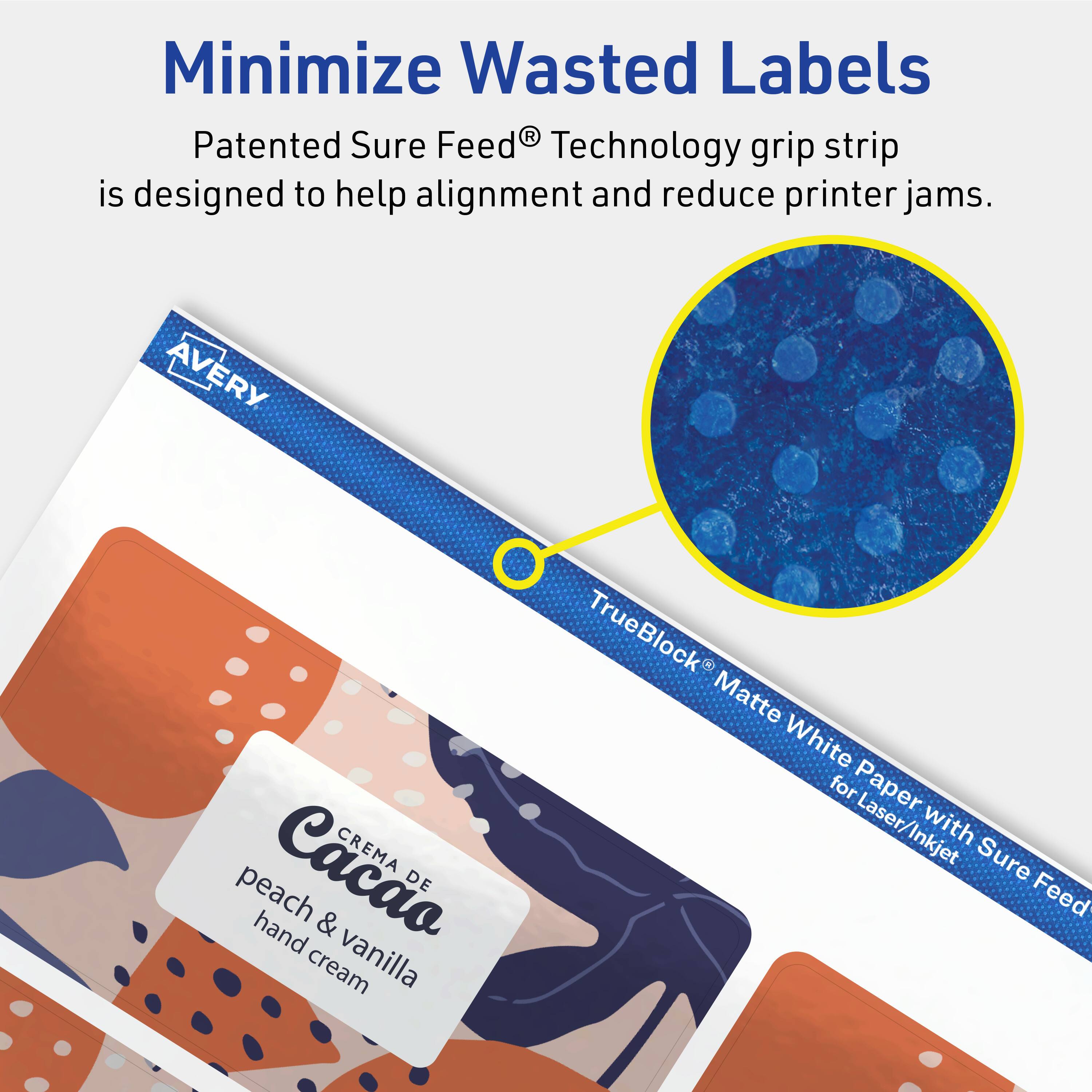 Minimize Wasted Labels

Patented Sure Feed® Technology grip strip is designed to help alignment and reduce printer jams.

AVERY TrueBlock® Matte White Paper for Laser/Inkjet with Sure Feed

CREMA DE Cacao peach & vanilla hand cream