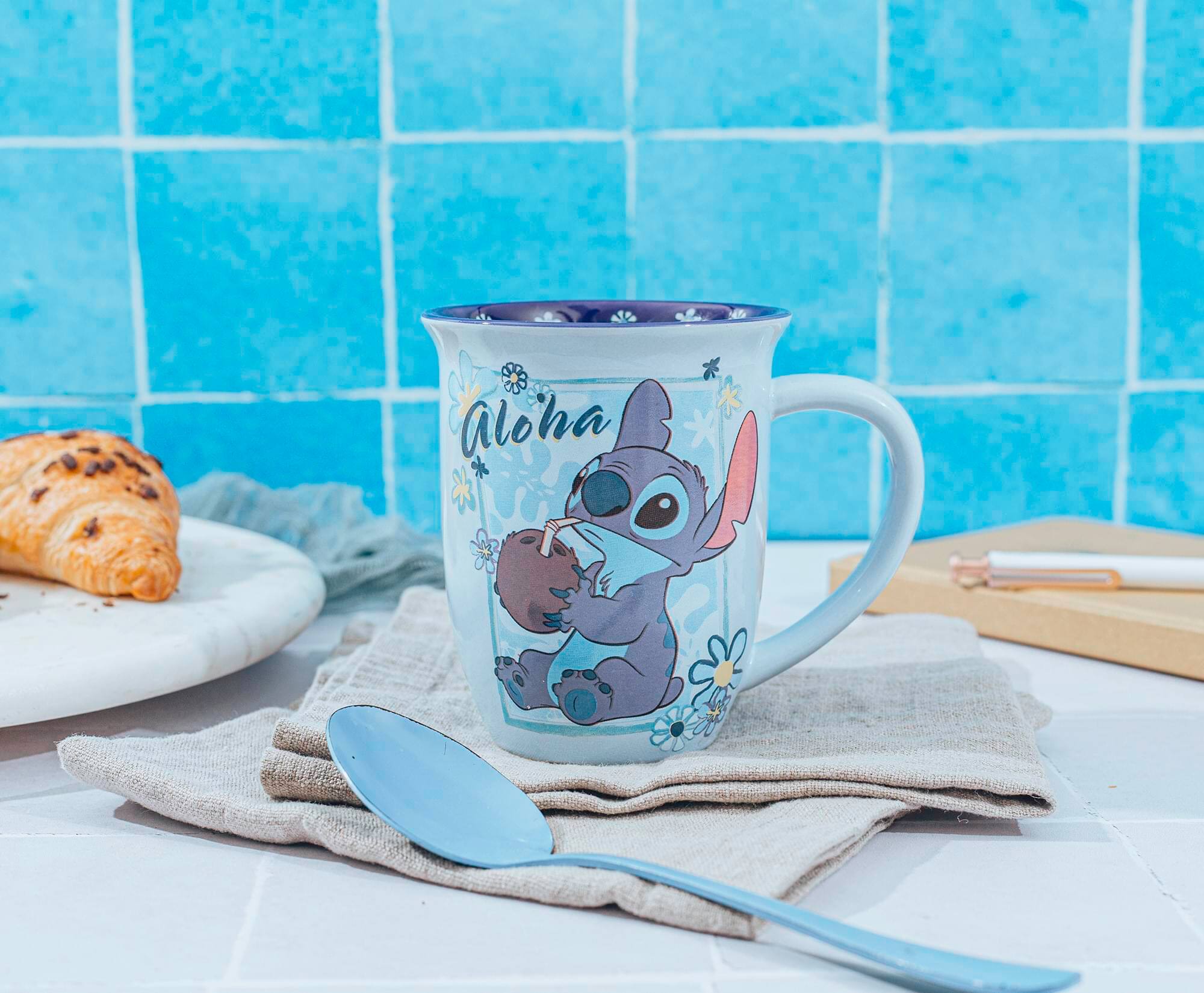 Alt View 2. Silver Buffalo - Disney Lilo & Stitch "Aloha" Wide Rim Ceramic Latte Mug | Holds 16 Ounces - Blue.
