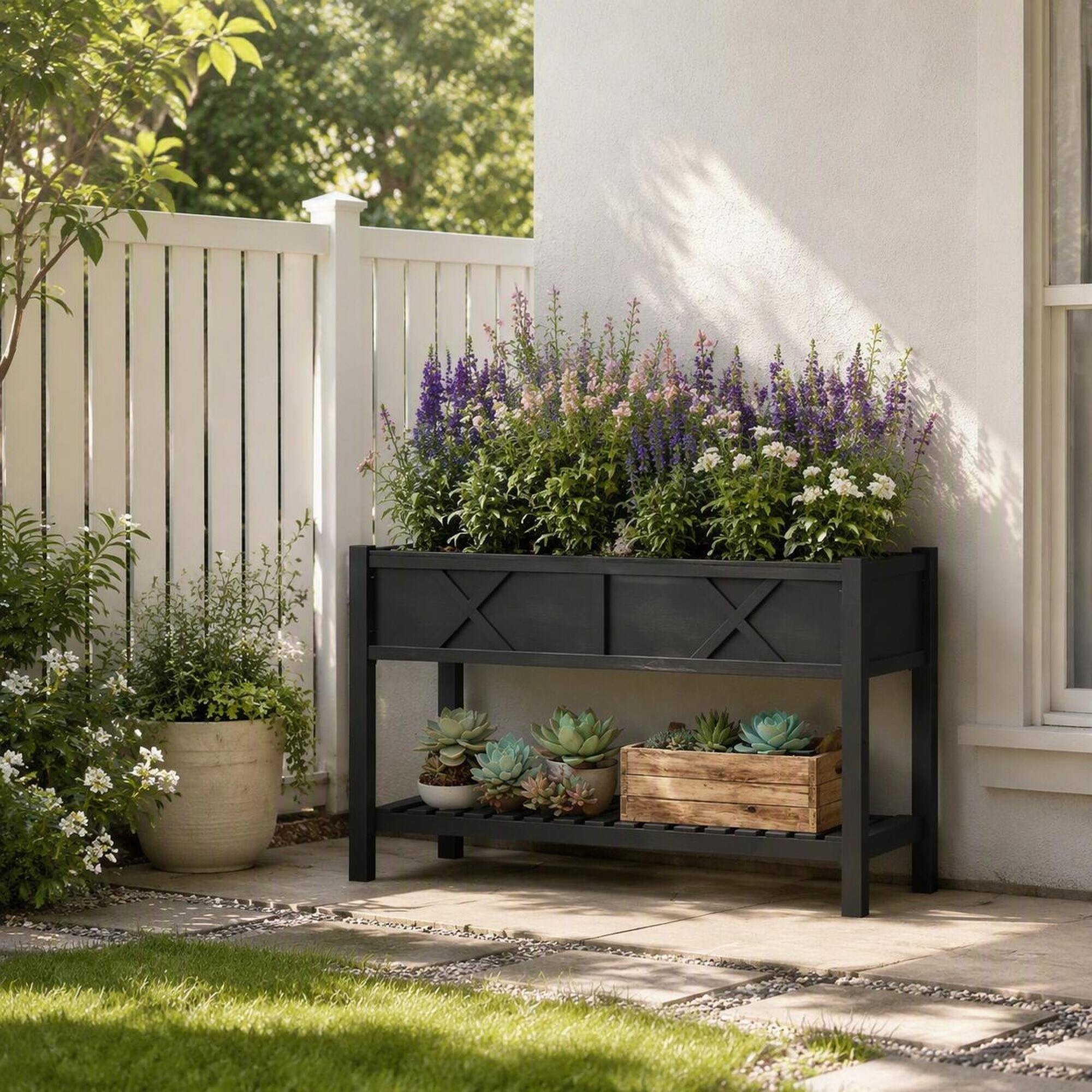 Back. RYHNUYNE - Raised Wooden Planter Box with Storage Shelf, Fir Wood Garden Bed with Drainage Holes and Liner, Black - Black.