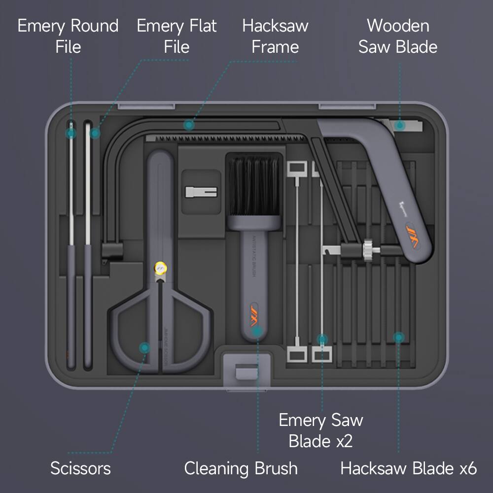Emery Round File  
Emery Flat File  
Hacksaw Frame  
Wooden Saw Blade  
Scissors  
Cleaning Brush  
Emery Saw Blade x2  
Hacksaw Blade x6