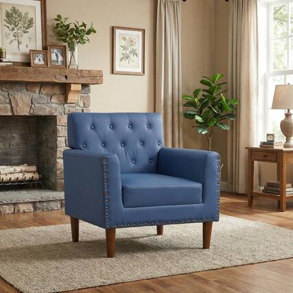 Front. Pefilos - Mid Century Modern Accent Chair, Button Tufted Rivets Rubber Wood Legs - Blue.