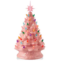 Casafield - 15-in Hand Painted Ceramic Christmas Tree - Pre-Lit Tree with Star - Pink