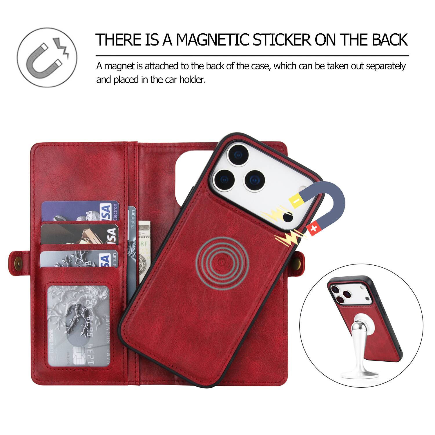 THERE IS A MAGNETIC STICKER ON THE BACK

A magnet is attached to the back of the case, which can be taken out separately and placed in the car holder.