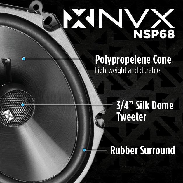 XNVX NSP68  
Polypropylene Cone  
Lightweight and durable  
3/4" Silk Dome Tweeter  
Rubber Surround