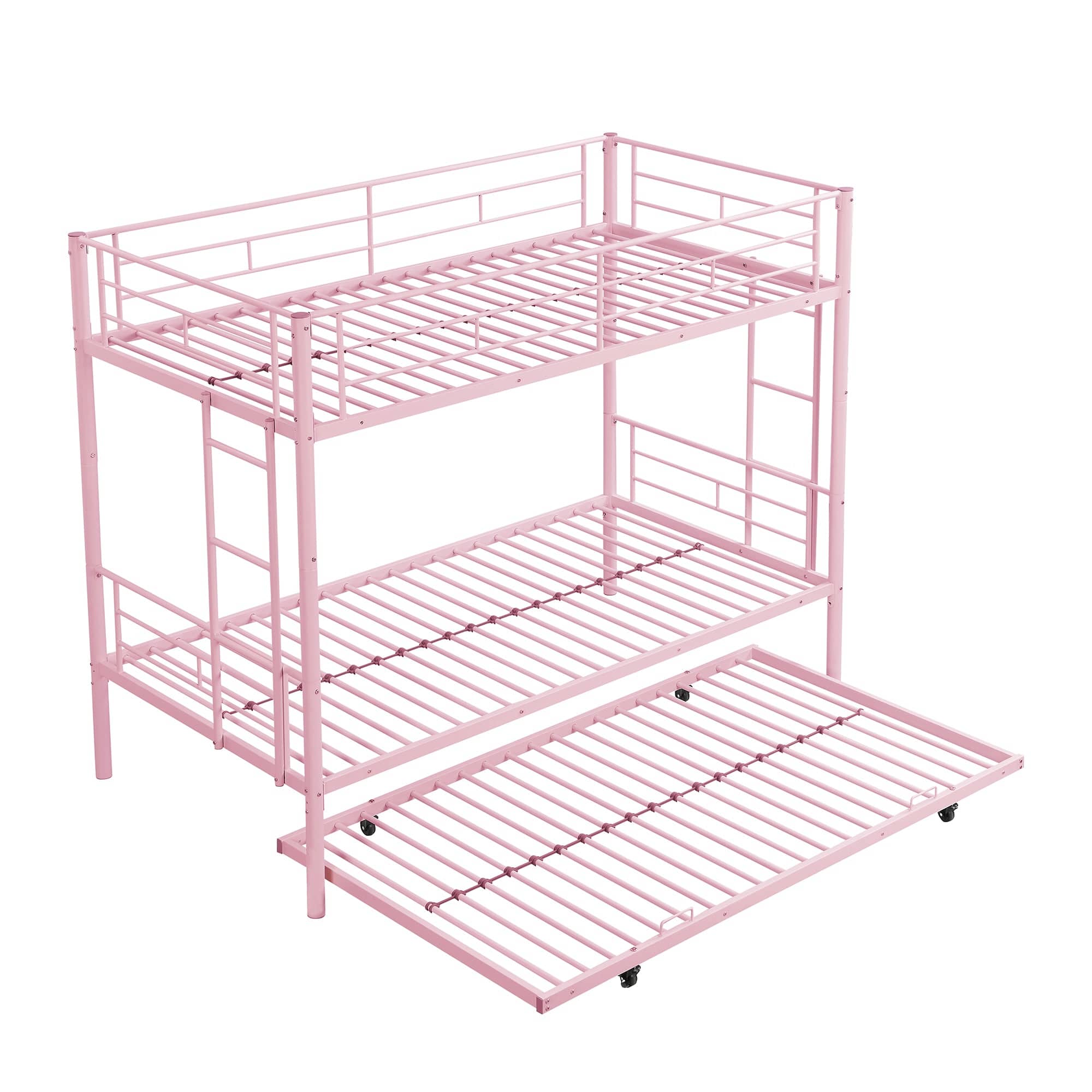 Boyel Living - Metal Triple Bunk Bed with Trundle – Twin Over Twin Over Twin - Pink