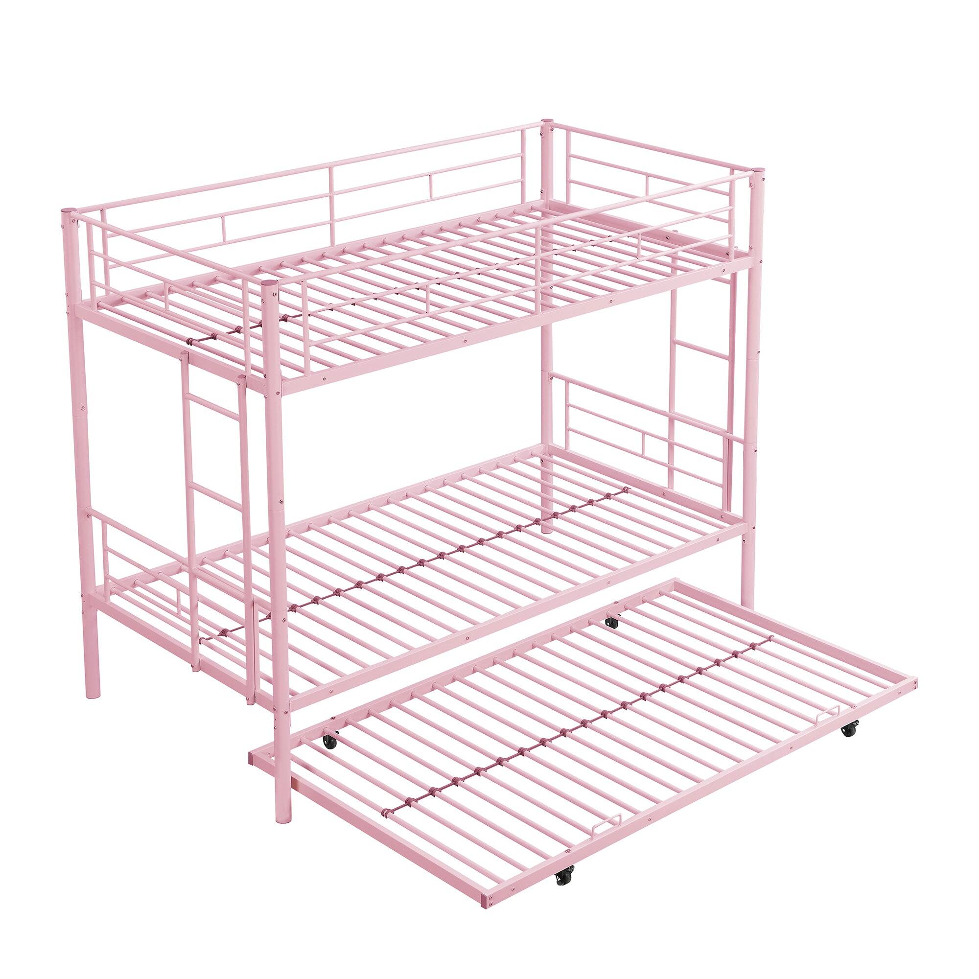 Front. Boyel Living - Pink Metal Triple Bunk Bed with Trundle – Twin Over Twin Over Twin - Pink.