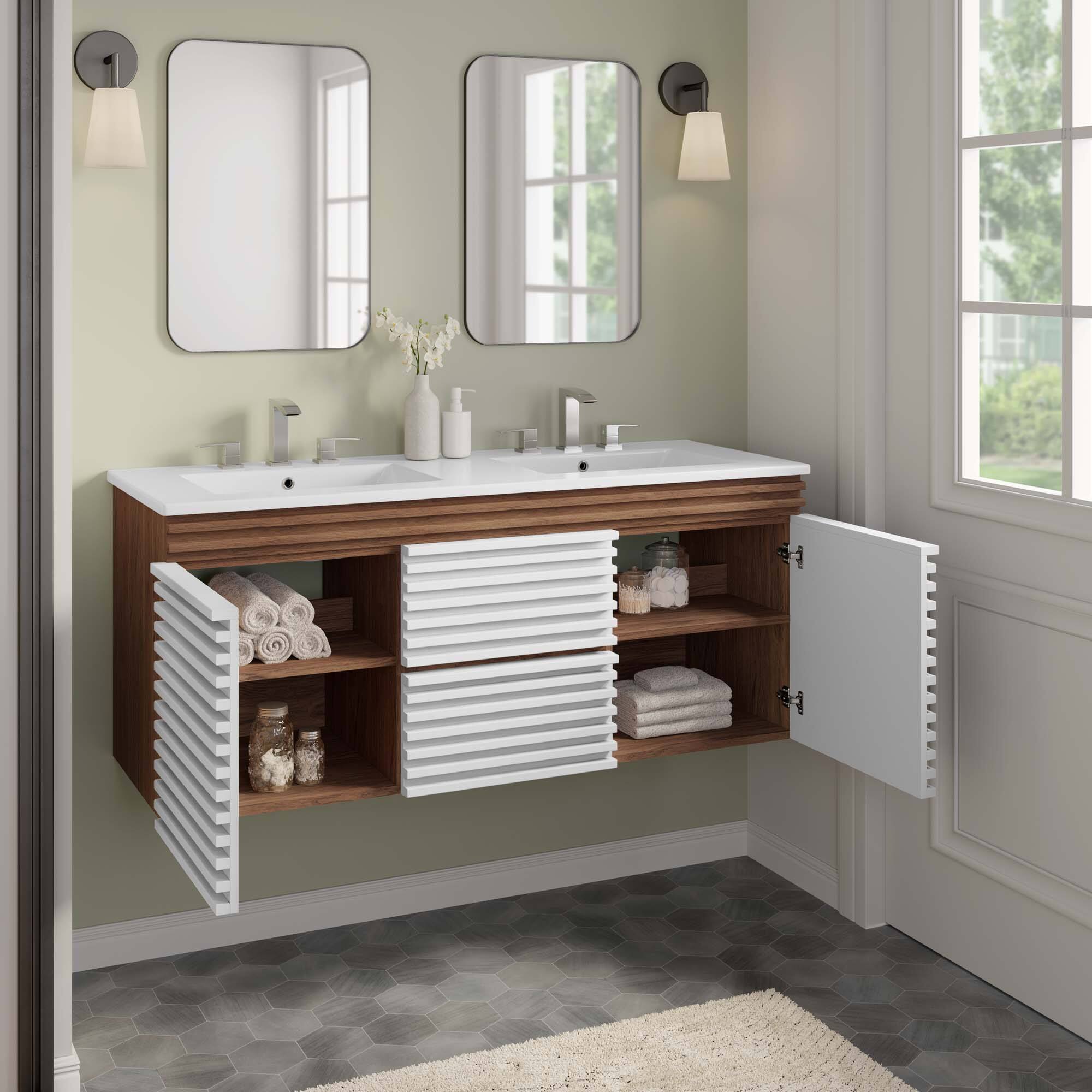 Back. Modway - Render 48" Wall-Mount Bathroom Vanity Basin Included by Modway - White Walnut White.