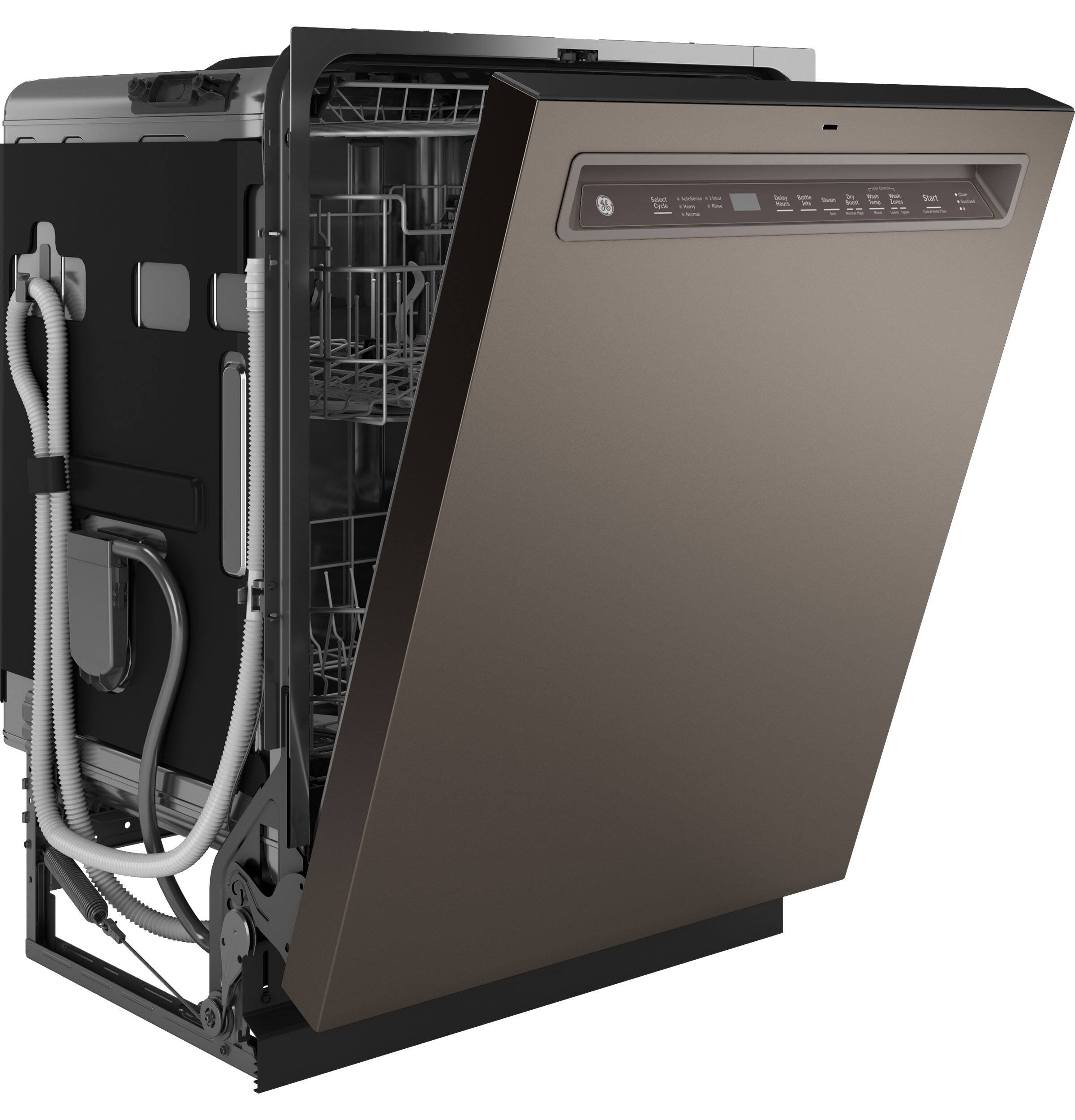 The image shows a dishwasher with its door open, revealing the interior. The dishwasher is made of stainless steel and has a large door. The door is open, allowing a clear view of the interior. The dishwasher is designed to be energy efficient and has a large capacity for washing dishes.