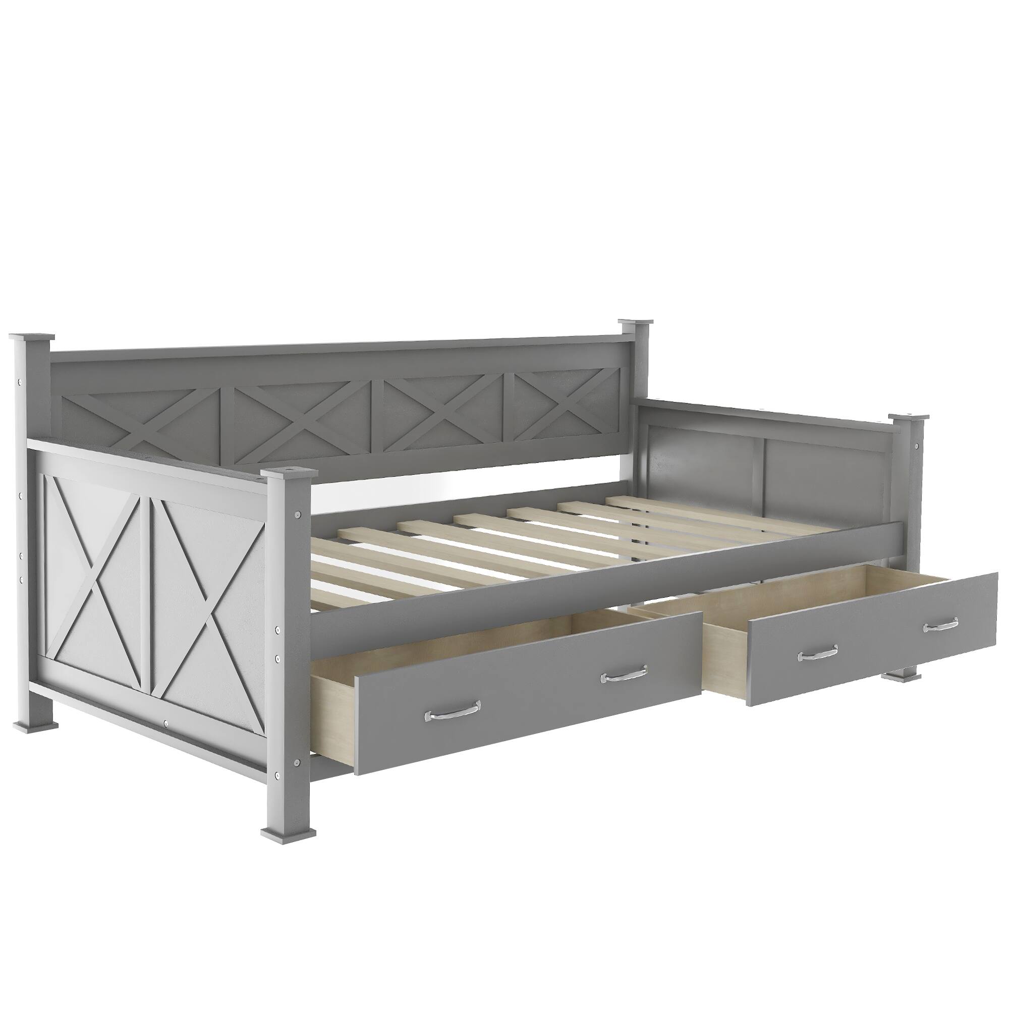 Back. Tiramisubest - Twin Size Daybed with 2 Large Drawers, X-shaped Frame, Modern and Rustic Casual Style Daybed, Gray - Gray.