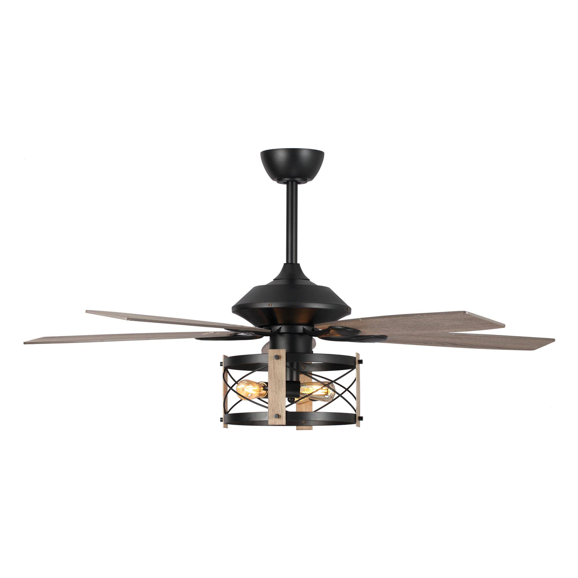Alt View 4. Parrot Uncle - 52" Walnut Wood 5-Blade Industrial Indoor Ceiling Fan Chandelier with Remote - Black.