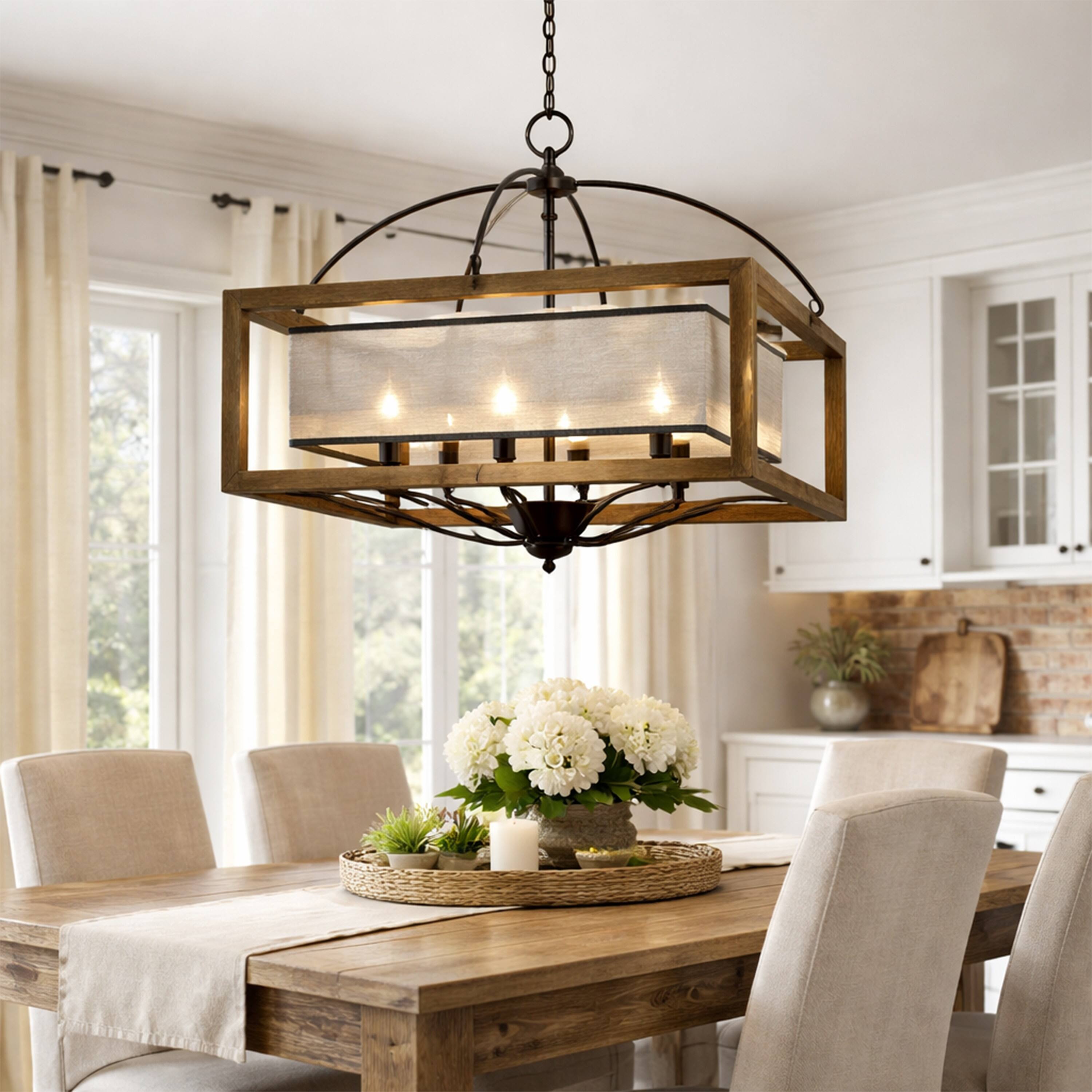 Alt View 4. Manhattan Lane - 6 Bulb Square Chandelier with Wooden Frame and Organza Striped Shade - Brown.