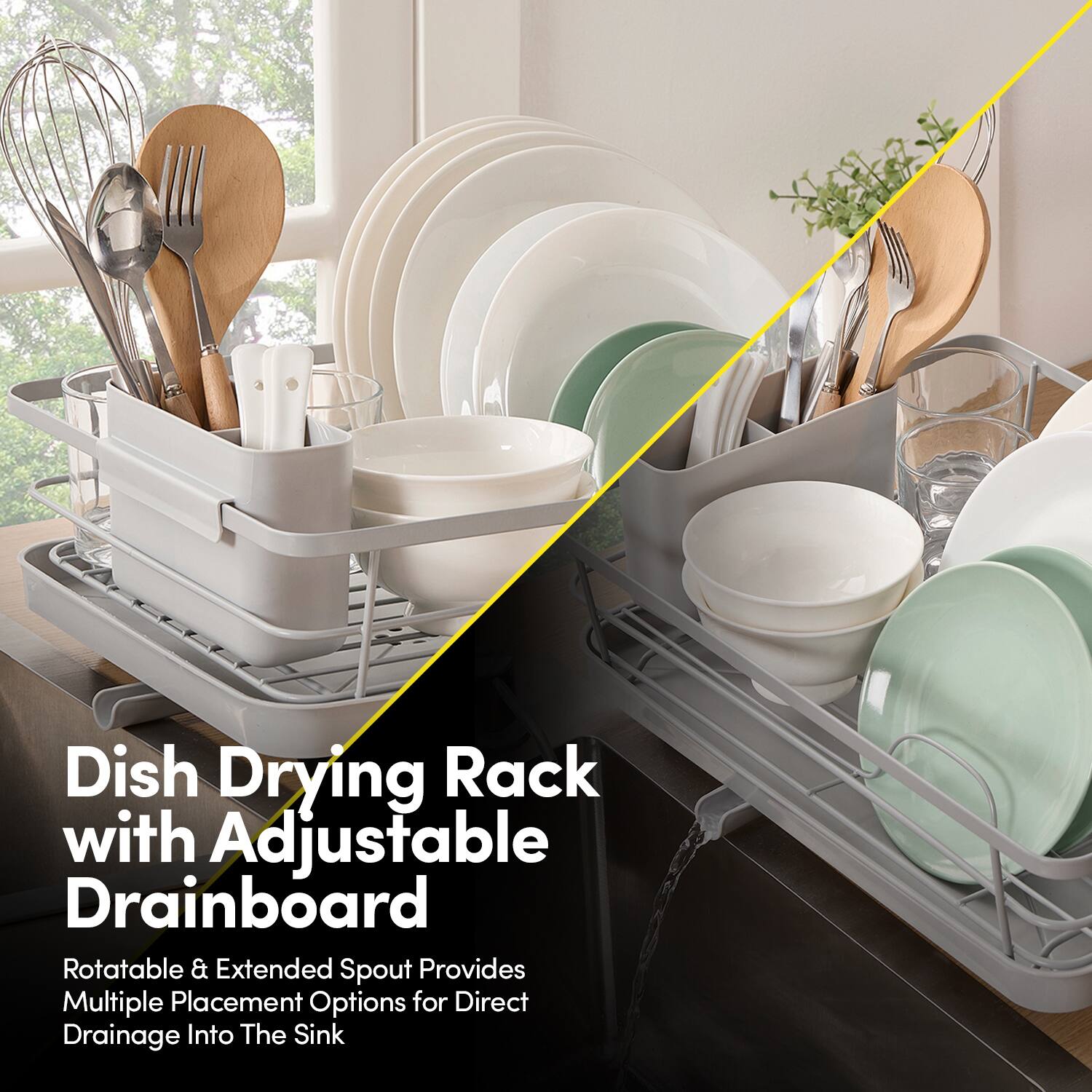 Dish Drying Rack with Adjustable Drainboard

Rotatable & Extended Spout Provides Multiple Placement Options for Direct Drainage Into The Sink