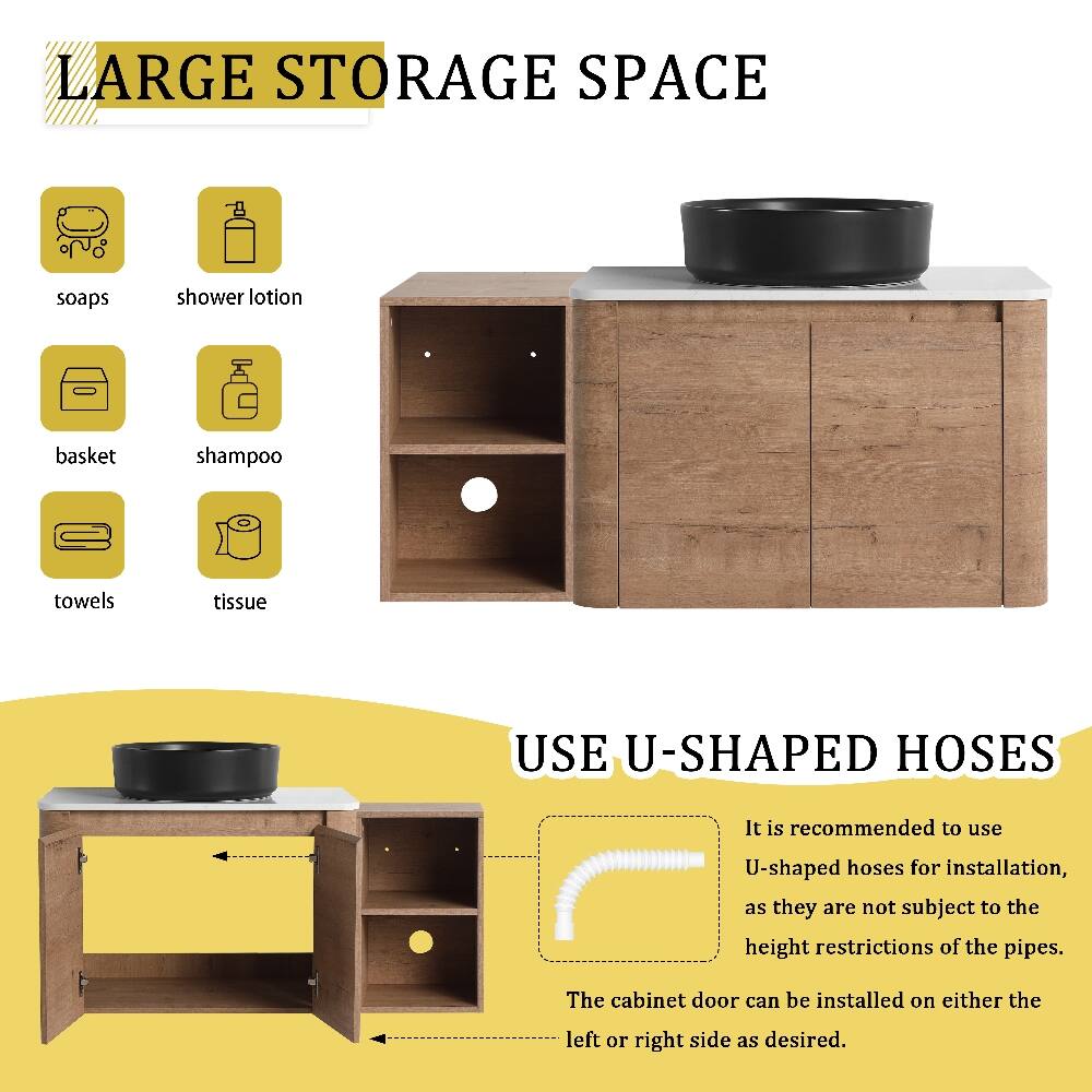 LARGE STORAGE SPACE

- soaps
- shower lotion
- basket
- shampoo
- towels
- tissue

USE U-SHAPED HOSES

It is recommended to use U-shaped hoses for installation, as they are not subject to the height restrictions of the pipes. The cabinet door can be installed on either the left or right side as desired.