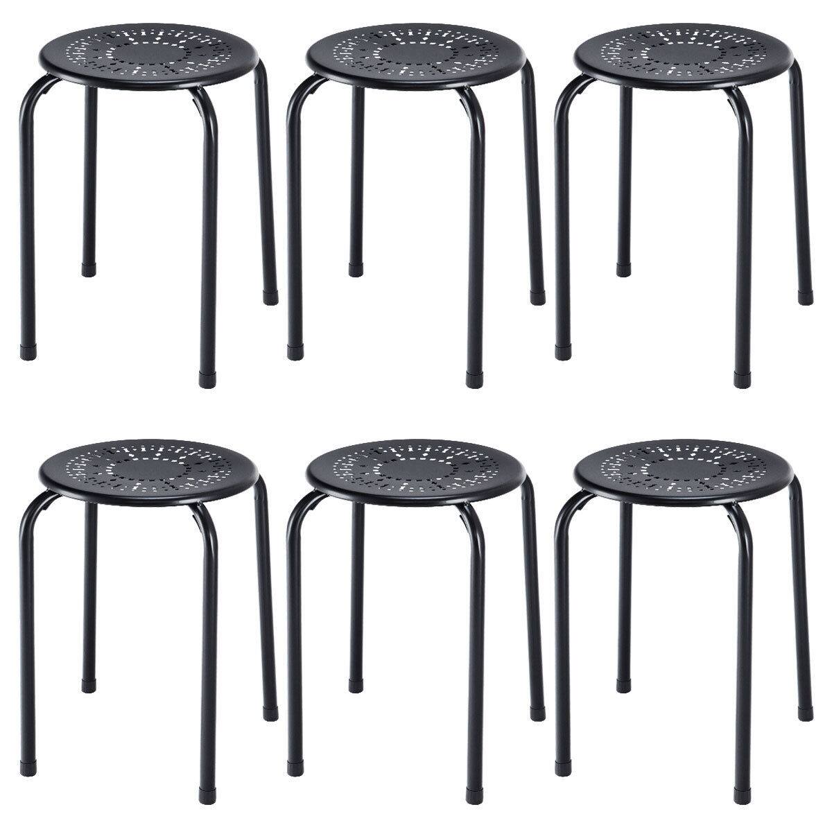 Costway - Set of 6 Stackable Metal Stool Set Daisy Backless Round Top Kitchen - Black