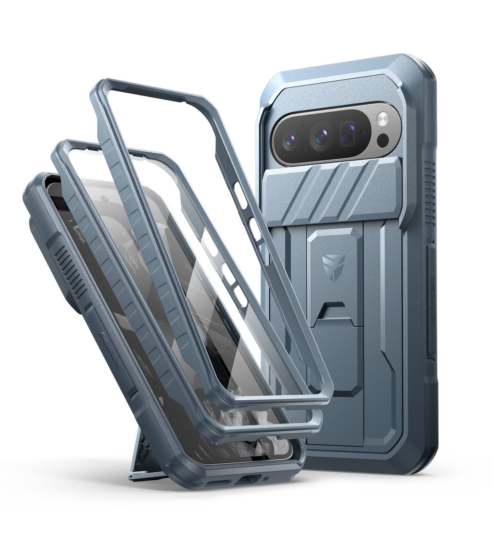 dexnor - Full-Body Cases for Google Pixel 9 Pro Black with Camera Cover, Built-in Screen Protector & Kickstand - Navy Blue