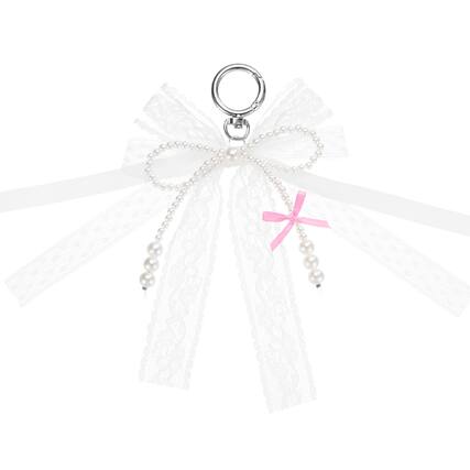 Front. Unique Bargains - Pearl Bow Keychain 16mm Y2K Aesthetic Lace Bowknot Pearl Keyring, Cute Bag Charm for Tote Bags Purse - Pink.