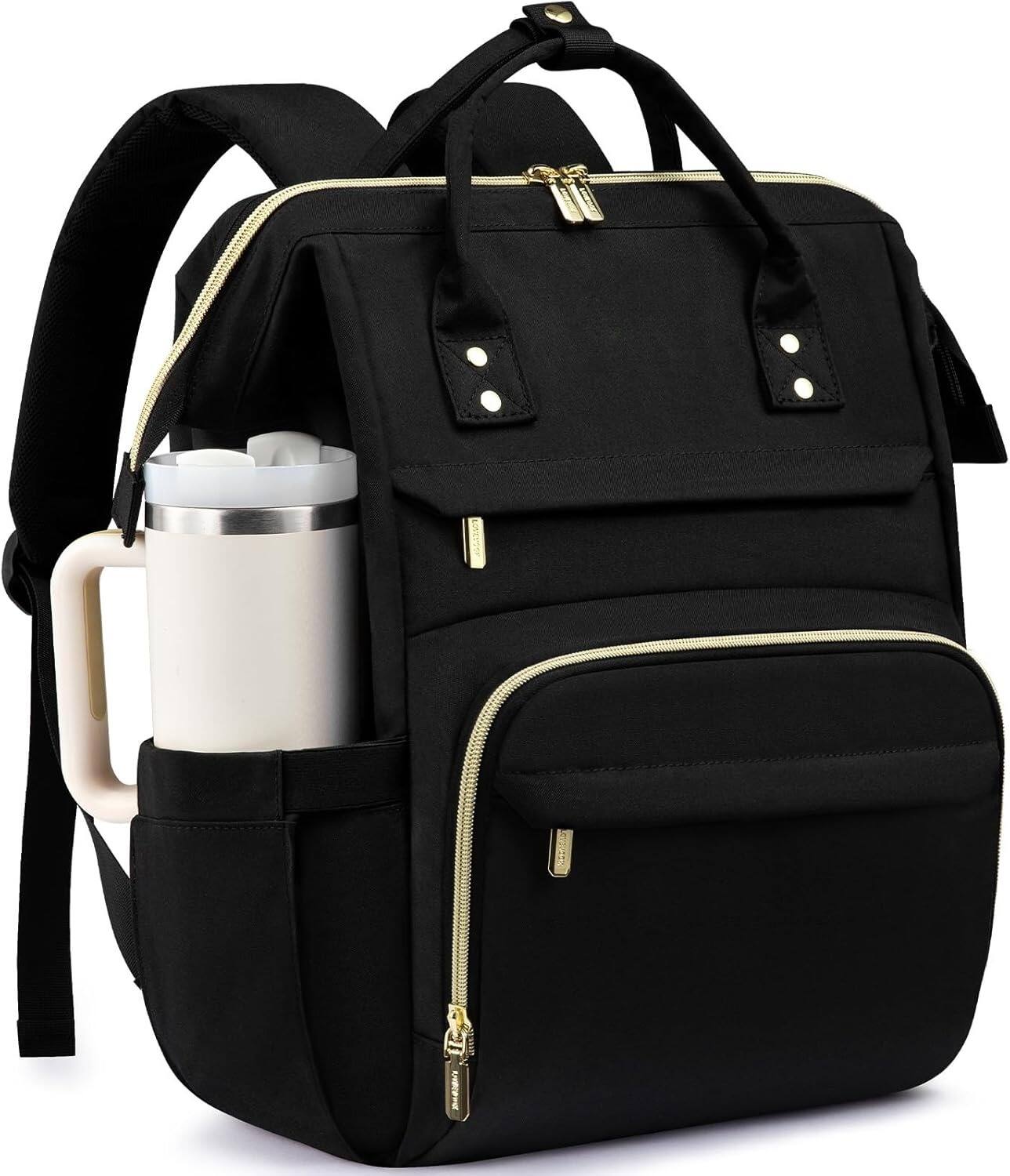 Front. ZUQIETA - ZUQIETA Women's 15.6" Waterproof Backpack with Giant Tumbler Pocket for Work, College & Travel, Black - Black.