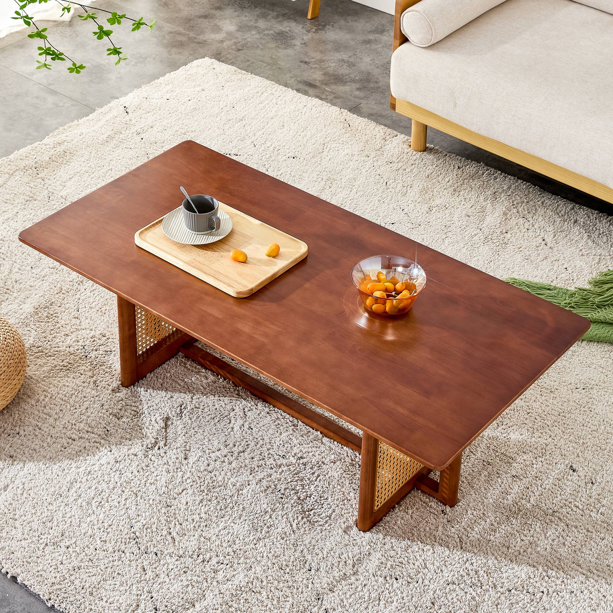 Alt View 7. Ecooso - Chinese style log wind Imitation rattan Walnut color tea table rectangular solid wood coffee low table - Walnut.