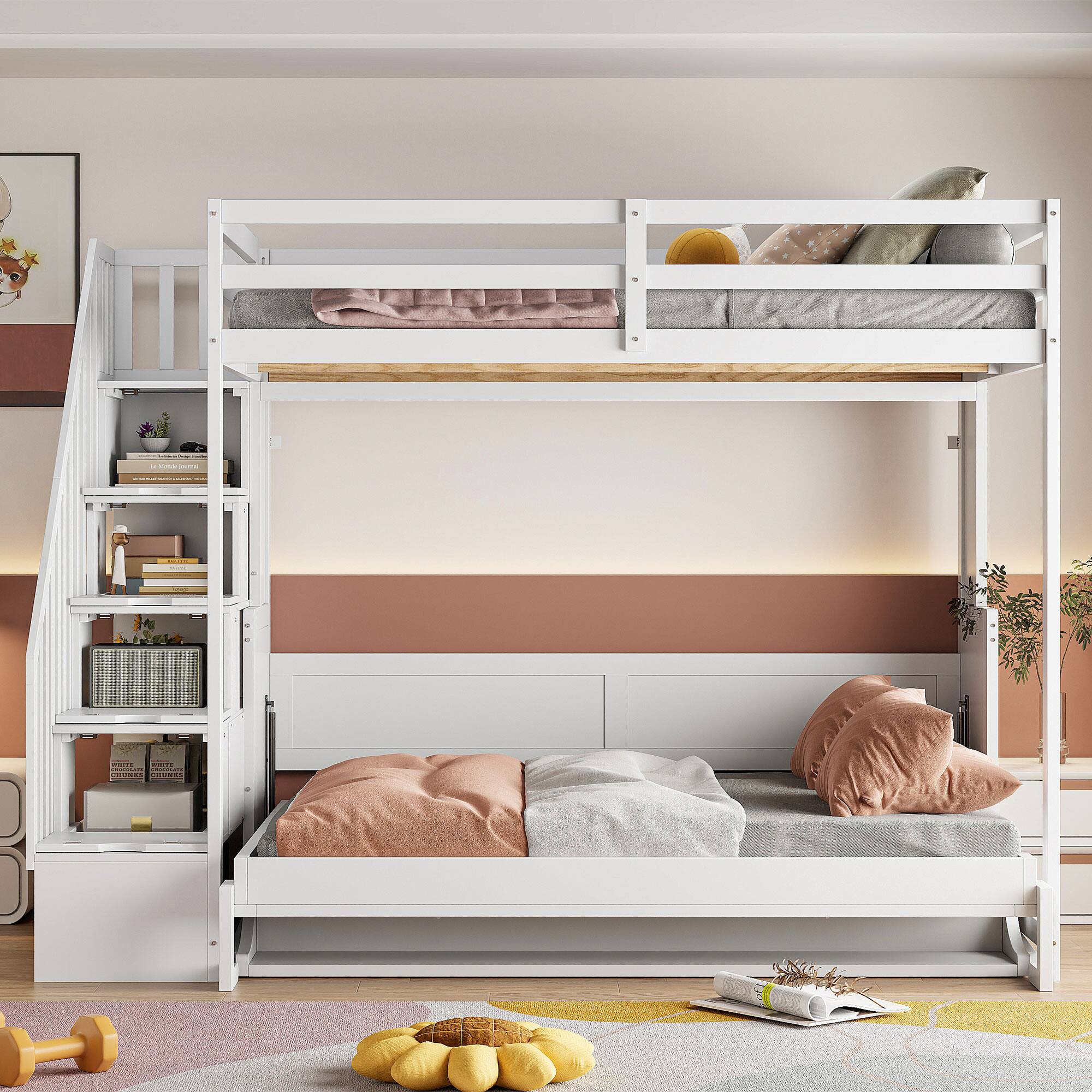 Angle. Tiramisubest - Full Over Full Murphy Bed with Hydraulic Lift, Desk & Storage, White - Space - Saving Multifunctional - White.