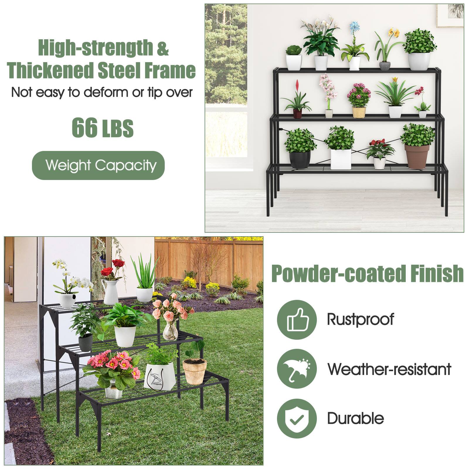 High-strength & Thickened Steel Frame Not easy to deform or tip over 66 LBS Weight Capacity Powder-coated Finish Rustproof Weather-resistant Durable