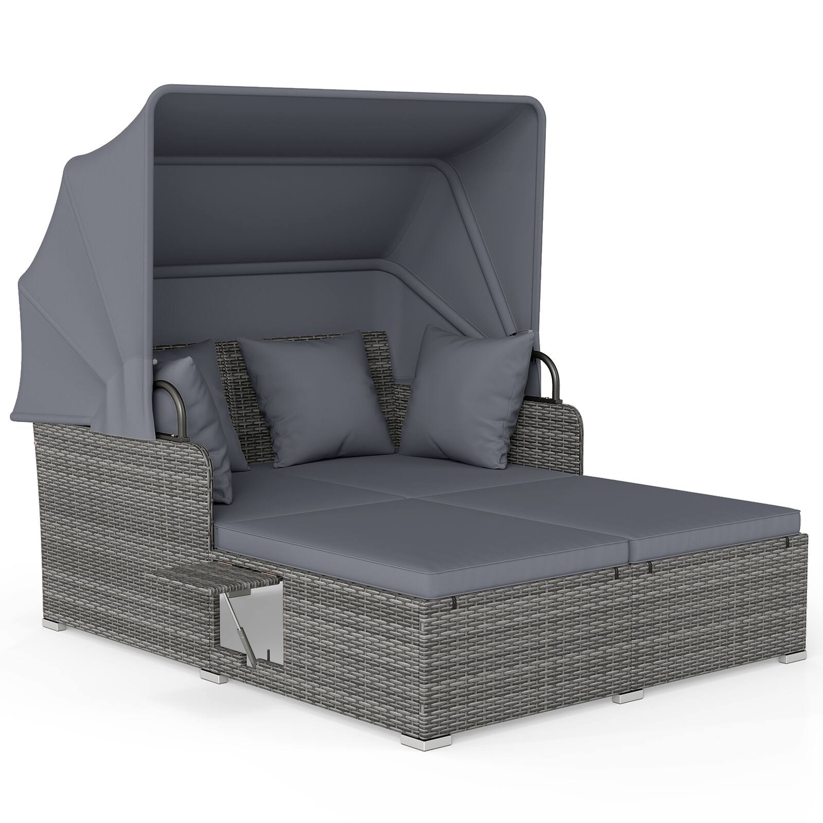 Alt View 9. Gymax - Gymax Patio Rattan Daybed Lounge Retractable Top Canopy Side Tables Cushions Grey - Grey.